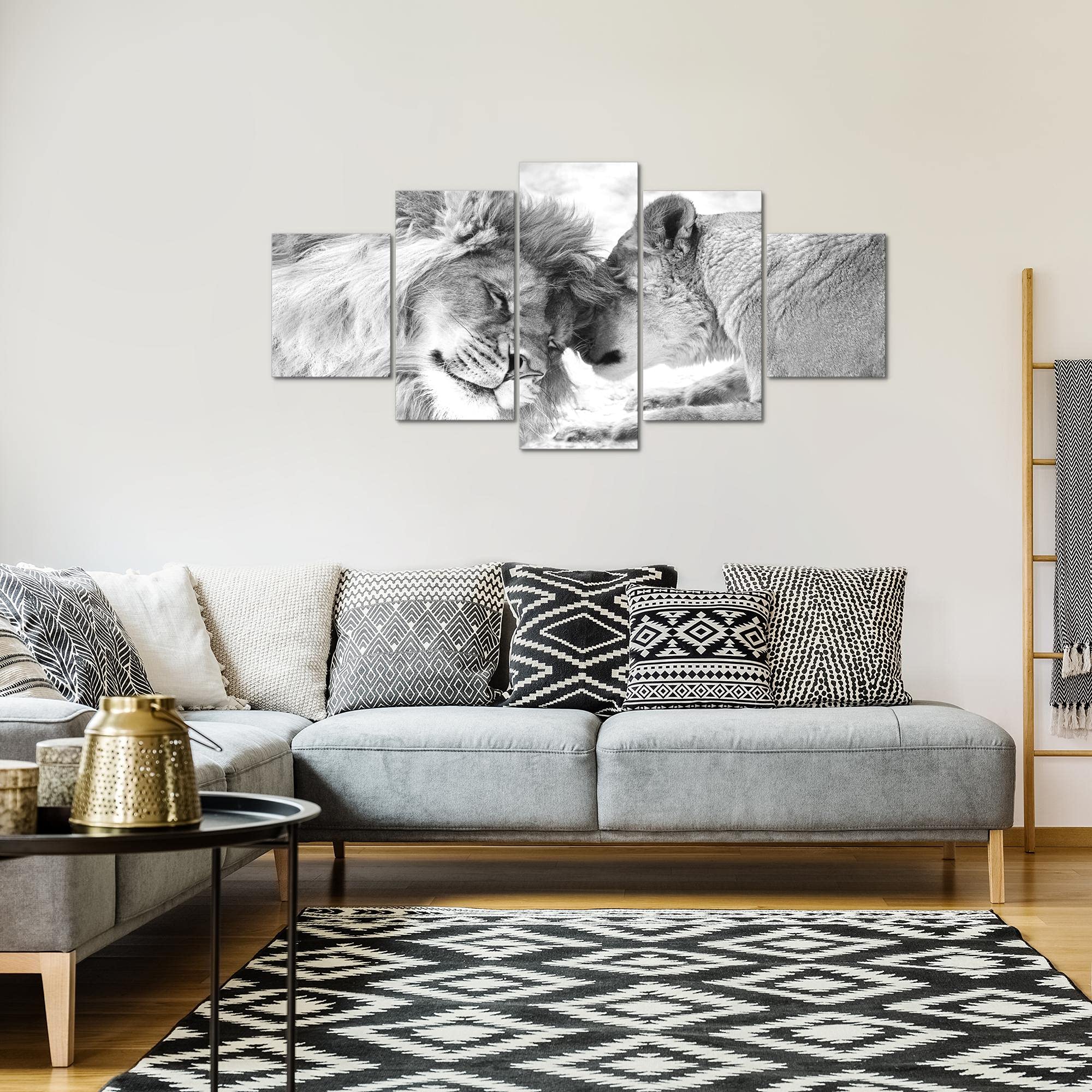 Runa Art - Quadri Leoni Amore 200 x 100 cm 5 Pezzi XXL Decorazione Murale Design Bianco E Nero 002151c