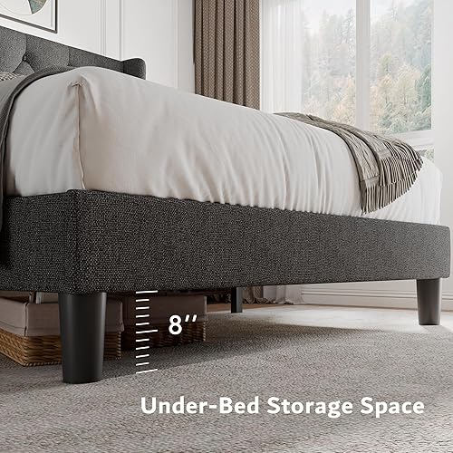 Miniatura 4 de iPormis - Base de cama tapizada con respaldo de alas y botones con cabecero, base de colchón con listones de madera, sin ruido, opcional con somier,