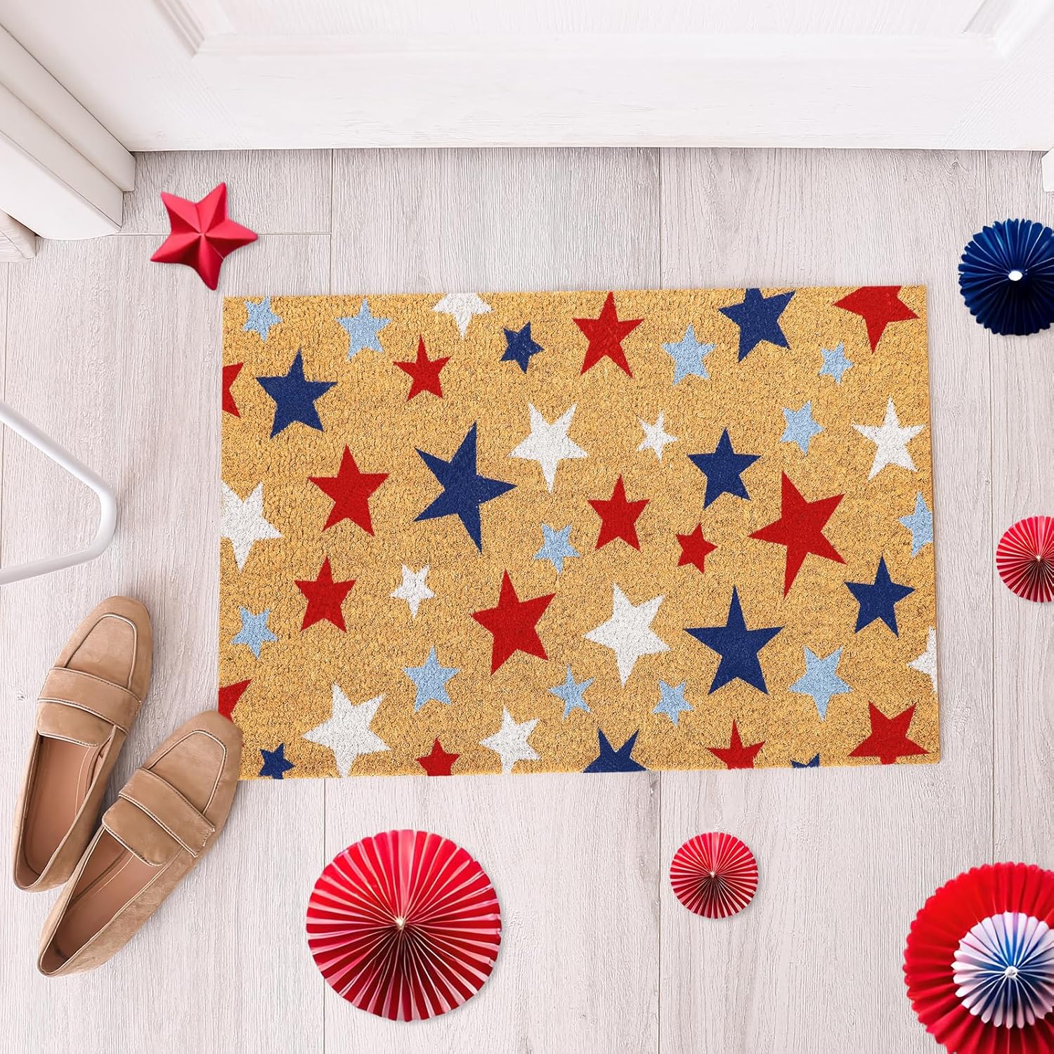 JarThenaAMCS Patriotic Natural Coir Door Mat 4th of July Red Blue White Star Doormat Non-Slip Entrance Door Rugs for 250th Anniversary Independence Day Home Decor, 16.5 x 29 Inch