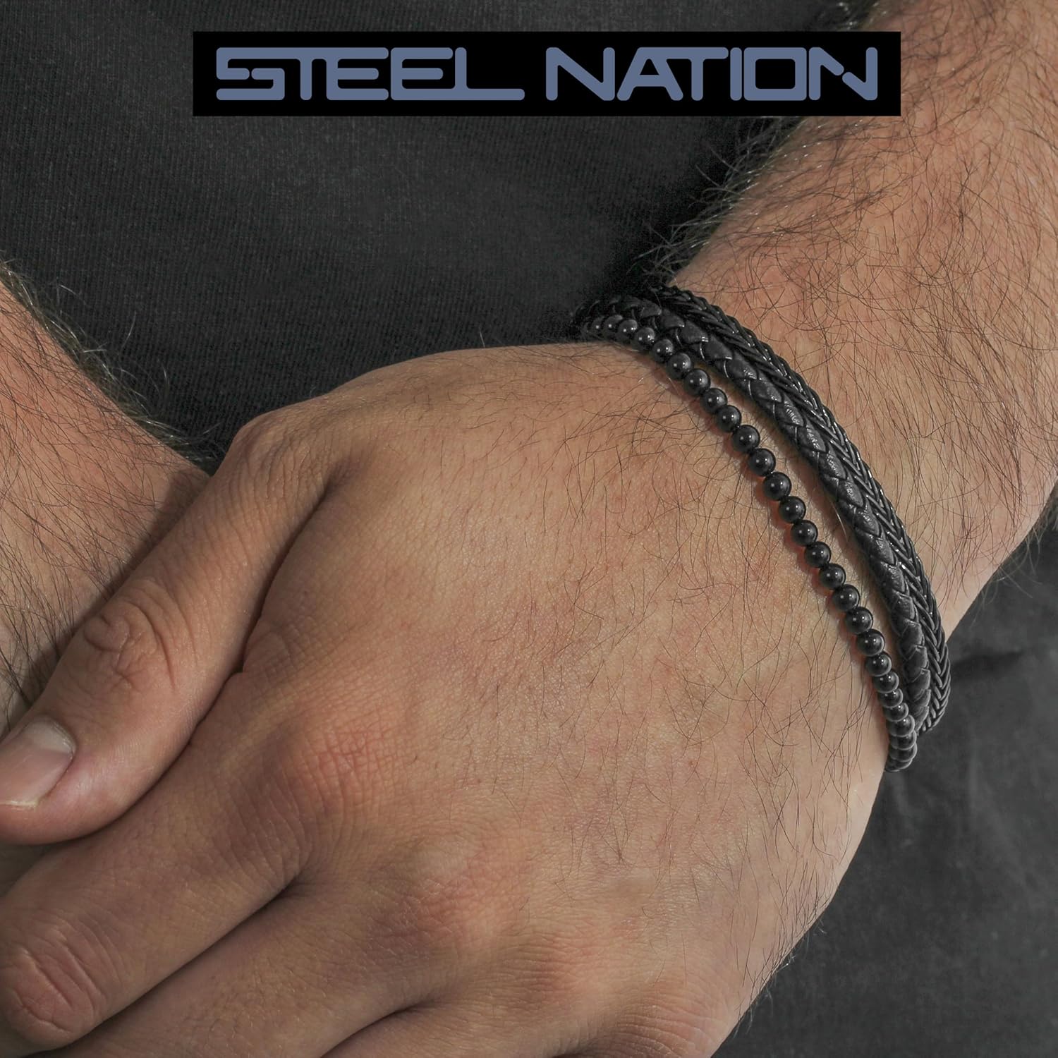 Men's Stainless Steel Bead Beaded Double Strand Rolo Chain Adjustable Nylon Bolo Bracelet - Image 2