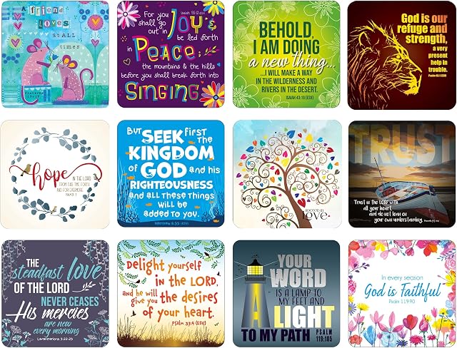 Christian Coasters, Pack of 12 cork coasters, each of a different design, with Bible verses or inspirational words. Beautiful Christian gifts for women or men, by Just Cards Direct (C429a)