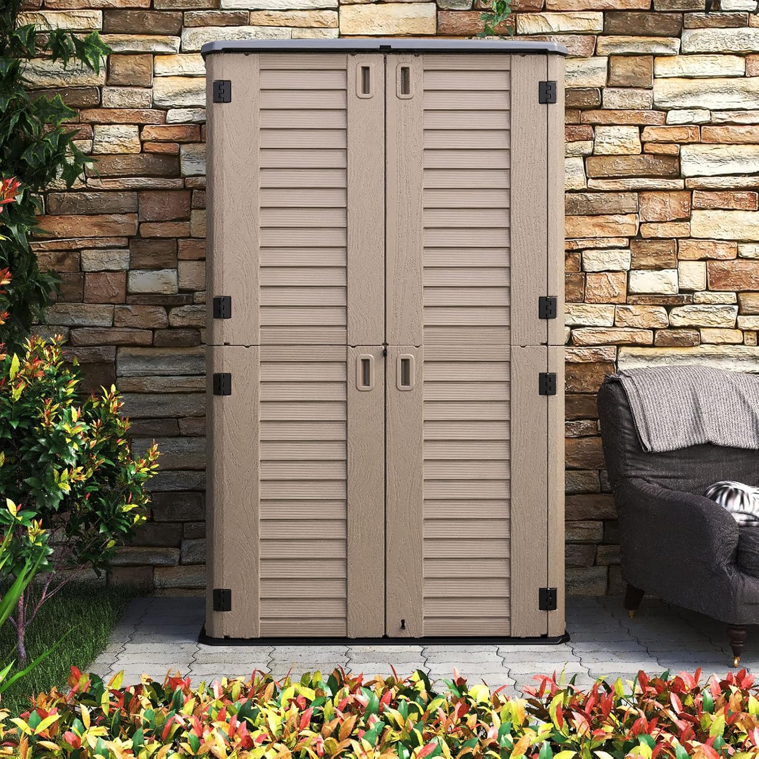 HOMSPARK Storage Shed Weather Resistance, Multi-Purpose Outdoor Storage Cabinet Waterproof, Outdoor Storage Cabinet for Garbage Cans, Lawnmower, Garden Accessories (Coffee, Tall shed-53 cu ft) coffee tall shed-53 cu ft