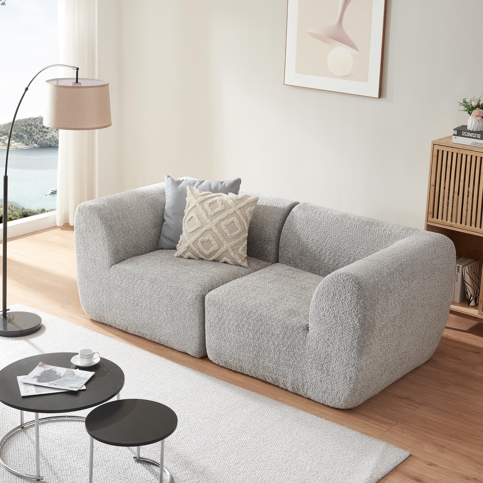 [en.casa] Canapé 2 Places Modulable d'angle Composable Élément Modulaire Siège Module d'Assise Accoudoir Boucles Enfichables Salon Chambre Séjour Élégant Rembourré Polyester Gris 76 x 216 x 108 cm
