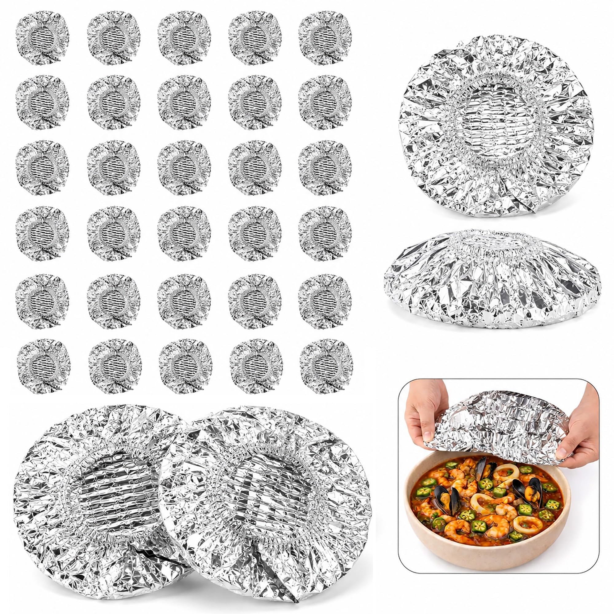 30Pcs Aluminium Foil Food Covers – Elasticated Reusable Foil Covers with Stretch Fit Design – Food Covers for Bowls Plates Containers Kitchen Storage Picnics and Parties