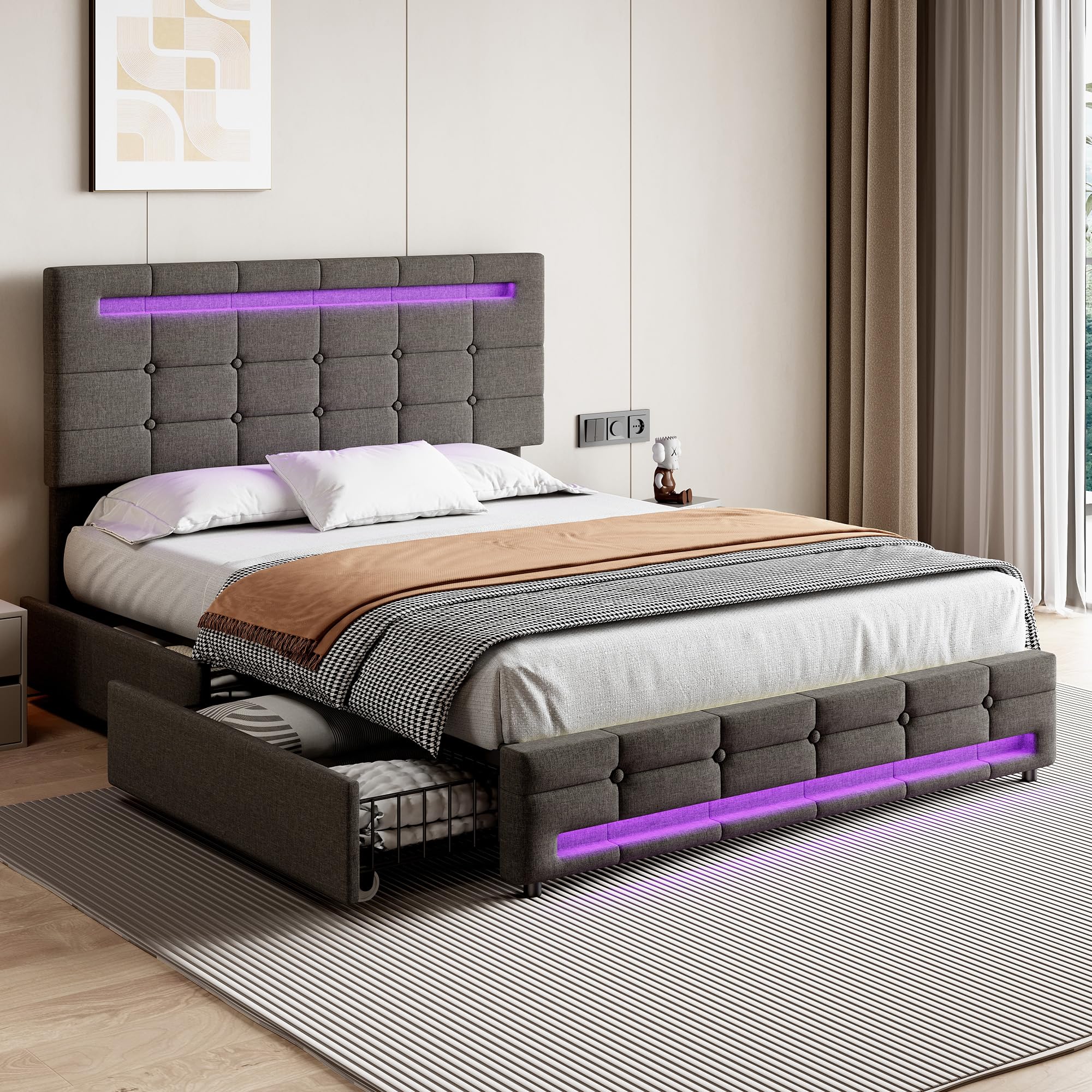 Merax Upholstered Double Bed, 4FT6 Bed Frame with Storage and LED Strips around Bed, 4 Drawers on Wheels, Adjustable Soft Button Tufted Headboard, No Mattress, Linen, Grey, 135x190cm