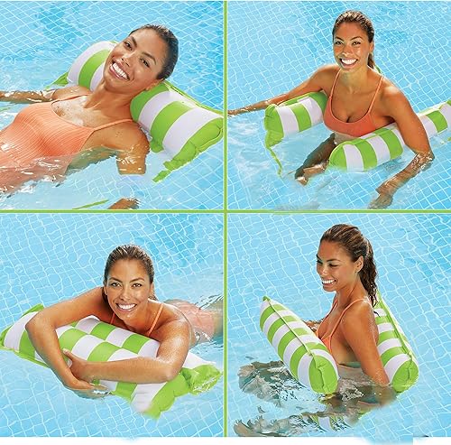 Miniatura 8 de Aqua Monterey - Hamaca inflable de agua 4 en 1 con diseño versátil para piscina, tumbona flotante, diseño de rayas verde lima y blancas (paquete de