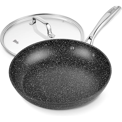 HLAFRG Nonstick Pan 12 Inch Frying Pan with Lid, Skillet nonstick with lid, Black Marble Aluminium Cookware, Non Toxic APEO & PFOA Free,with Stainless Steel Handle,Oven Safe and Induction Compatible