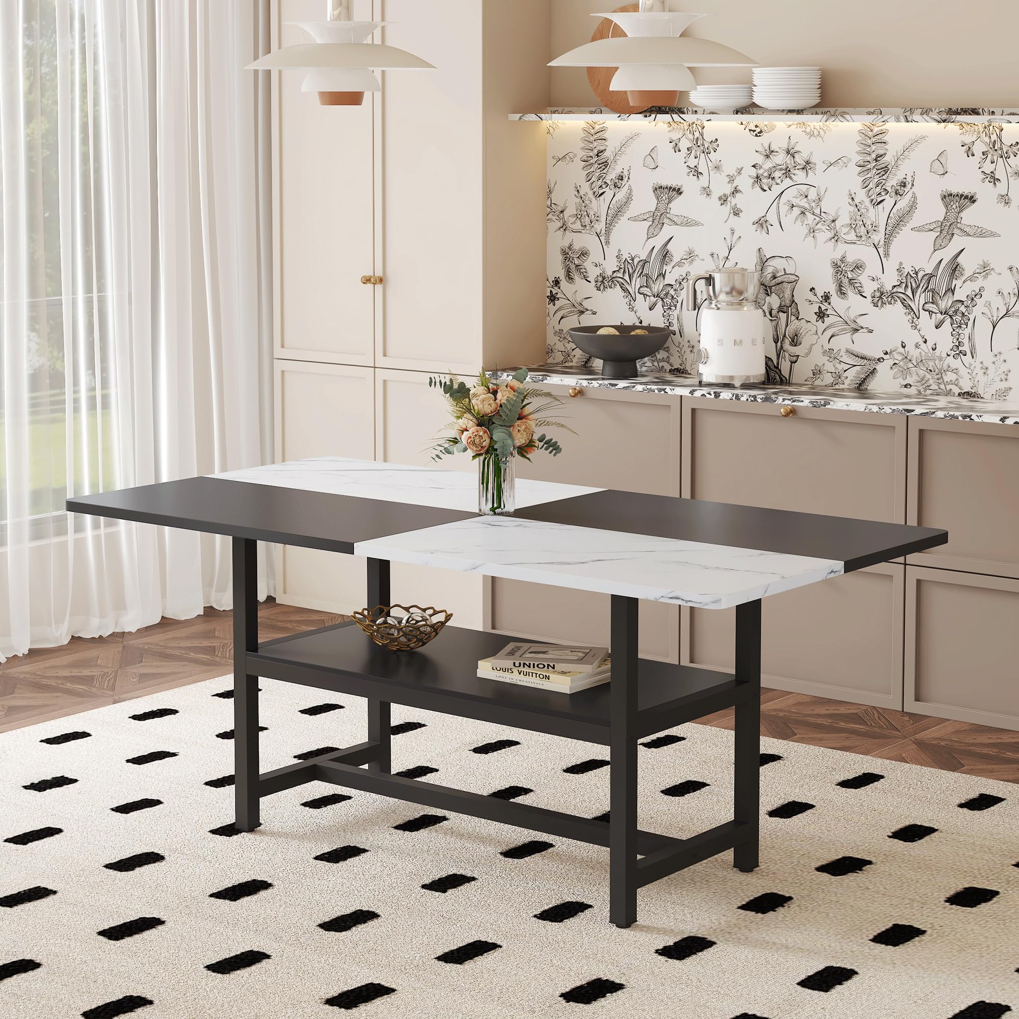 Dining Table, 71 x 35.4 x 30 inches, White and Black, MDF and Metal, Wipe with Dry Cloth