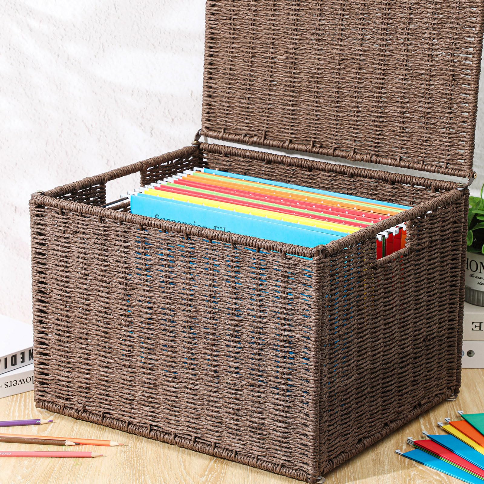 Caja de archivos decorativa extra grande de junco marino, organizadores colgantes para tamaño carta y legal, archivador colgante con tapa, caja de carpetas de documentos para decoración del hogar y la