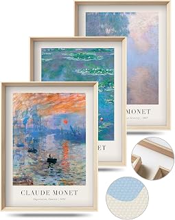 HesenDot Framed Claude Monet Water Lilies Canvas Wall Art Set of 3, 12x16in Vintage Impressionist Prints, Minimalist MDF Framed Decor for Living Room Bedroom