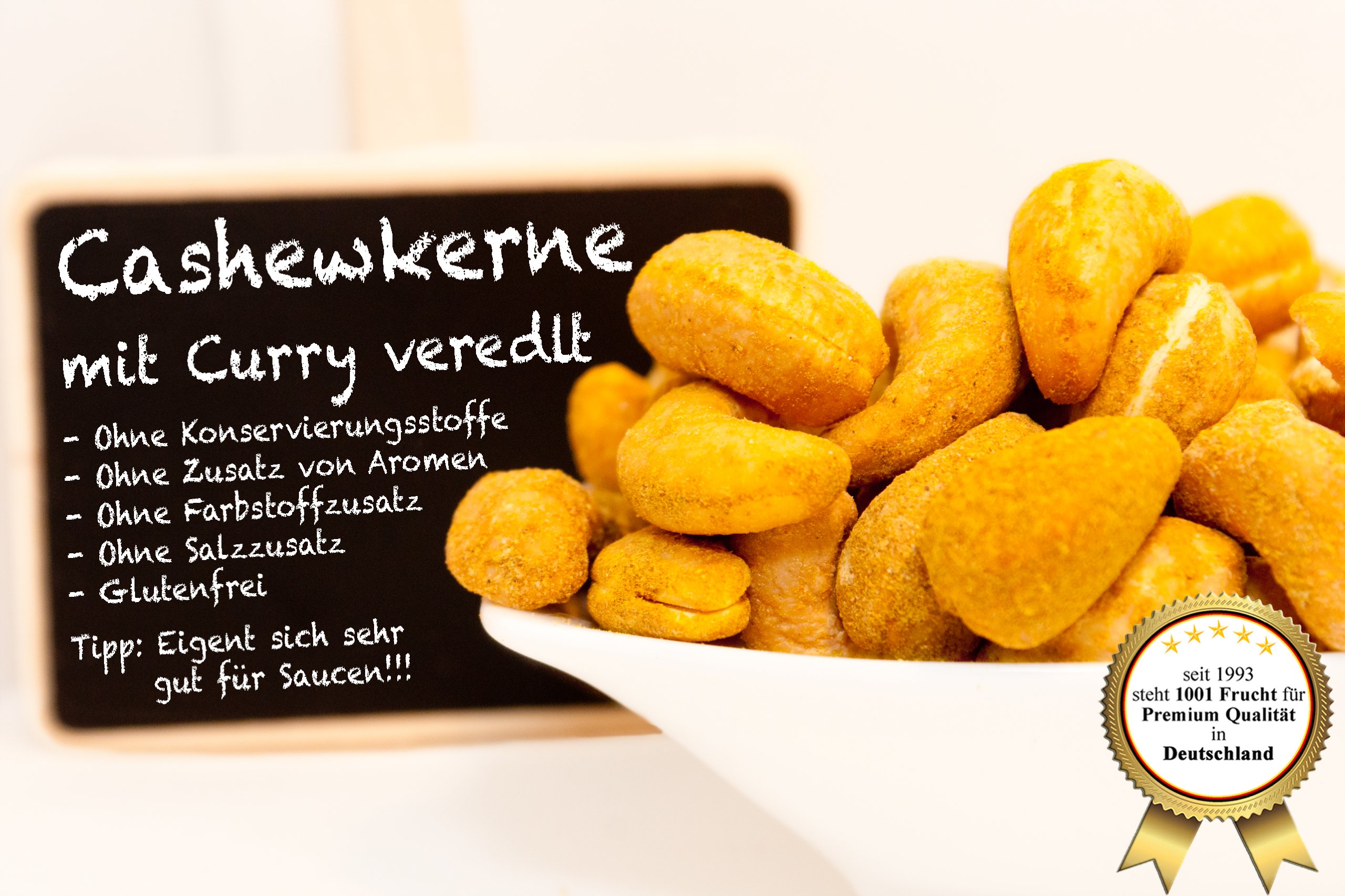 1001 Frucht Cashewkerne geröstet mit original indischem Curry veredelt 1000 g I Limited Edition der würzigen Cashew Kerne I Cashewnüsse ohne Konservierungsstoffe, ohne Aromazusätze I Vegan I 1 kg