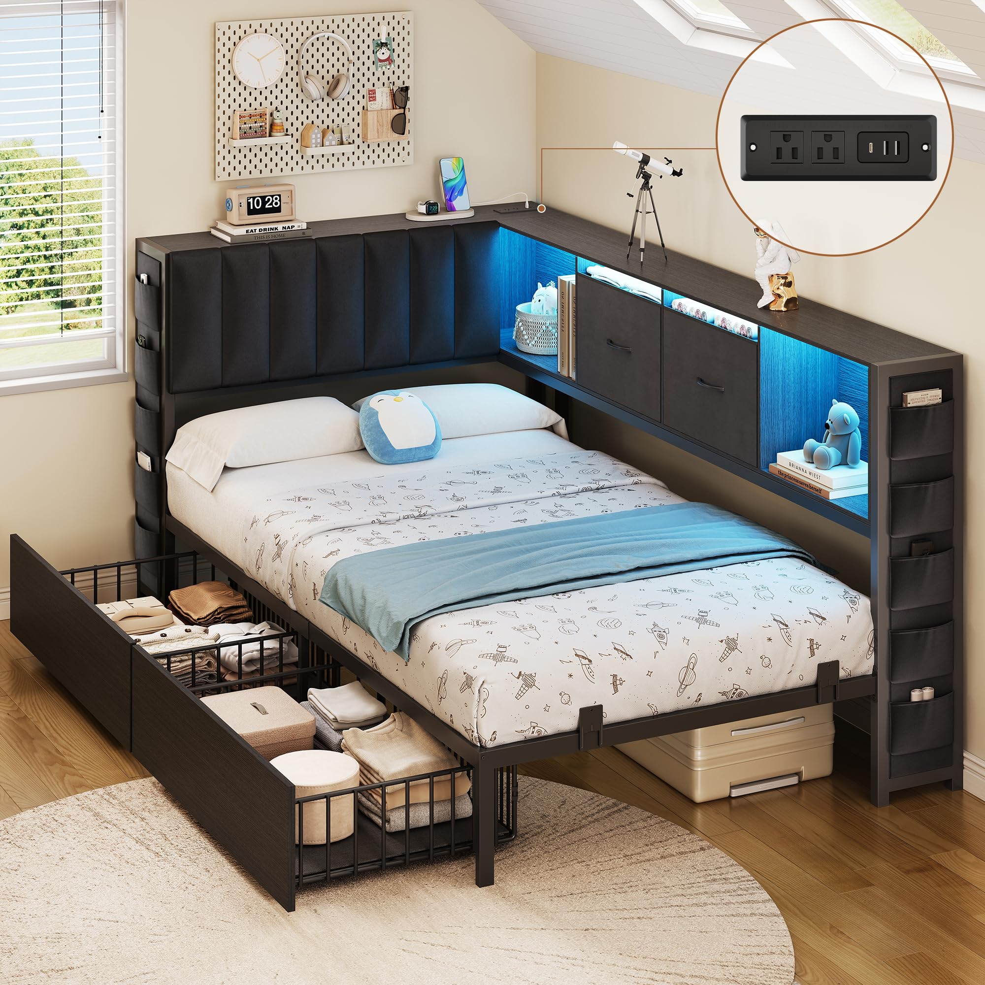 Photo 1 of ***PARTIAL SET***
MapleGrace Twin Corner Bed Frame with Upholstered Storage Headboard and Drawers, Metal Platform Bed Frame with LED Light and Charging Station, Twin Daybed for Living Room, Bedroom & Guest Room, Black