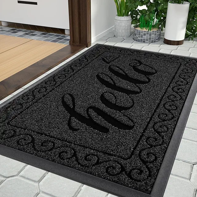 Yimobra Hello Doormat - Heavy Duty Non-Slip Indoor Outdoor Mat, 75x43 cm Black