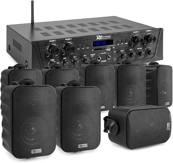 Power Dynamics Pack Sonorisation 4 Zones 400 Watts Bluetooth avec 8 Enceintes Noires, Lecteur MP3 USB/SD, Radio FM, Entrées Micro, Télécommande - Kit Complet pour Multi-Pièces, Restauration