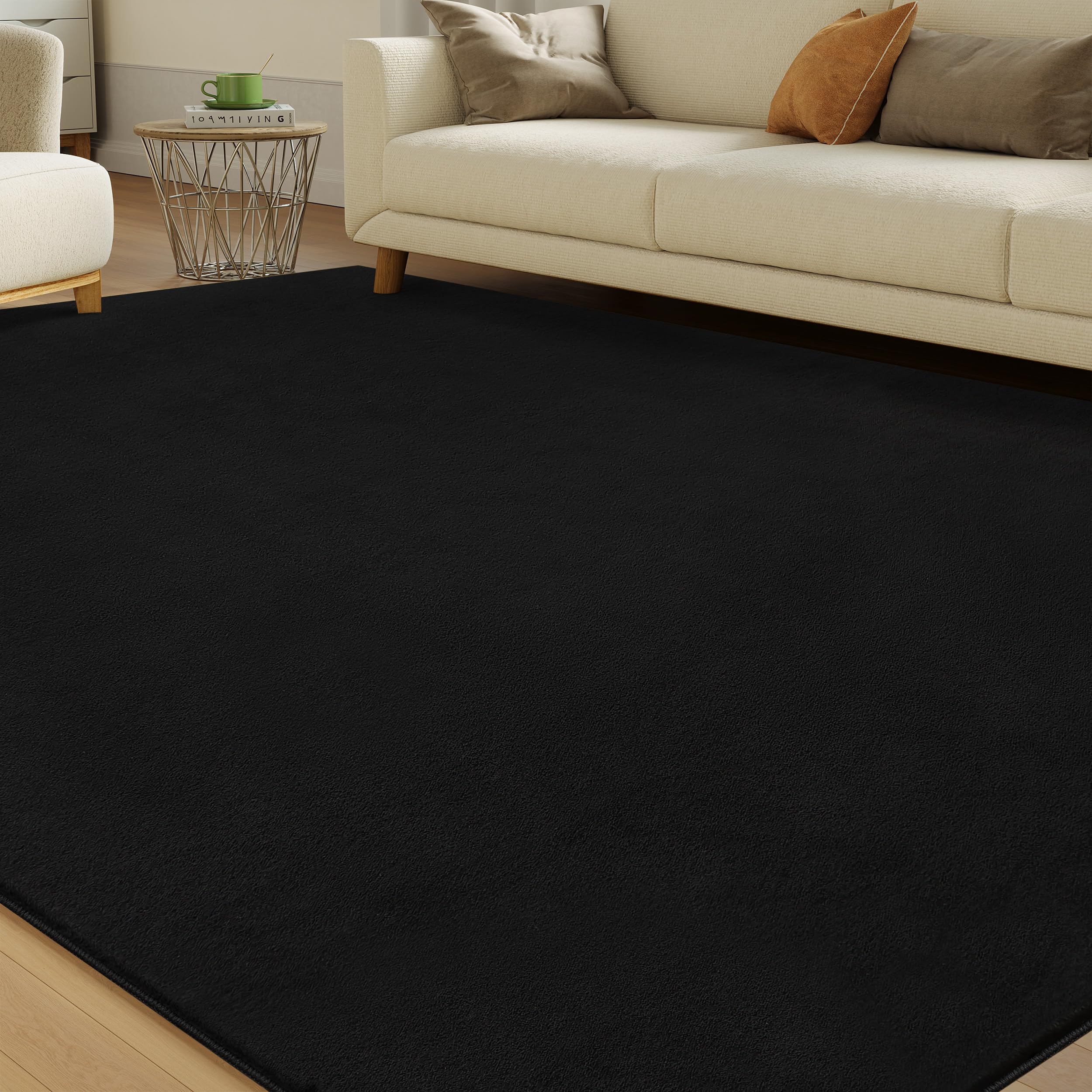 Solid Washable Area Rug - 9x12 Medium Pile Faux Cashmere Carpet for Living Room Bedroom, Black