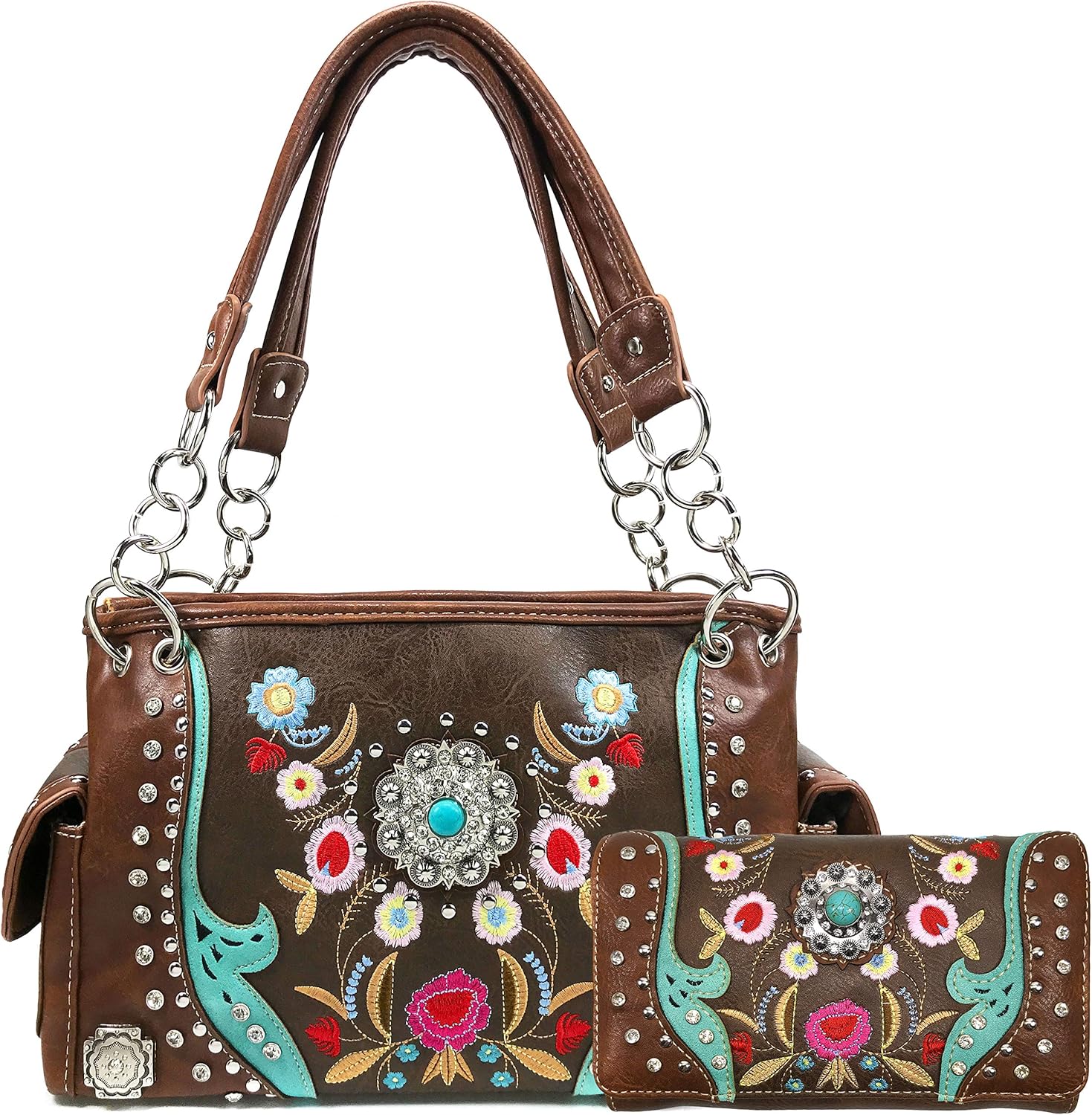 Zelris Embroidered Floral Laser Cut Turquoise Rhinestone Concho Concealed Carry Shoulder Handbag Wallet Set