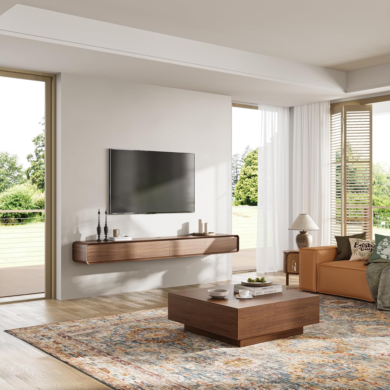 Povison Floating TV Stand & Media Console for 65-75" TVs - 63" Wall-Mounted Solid Wood Entertainment Center with 3 Drawers, Fully-Assembled for Living Room & Bedroom (Walnut Veneer, Cable Management)