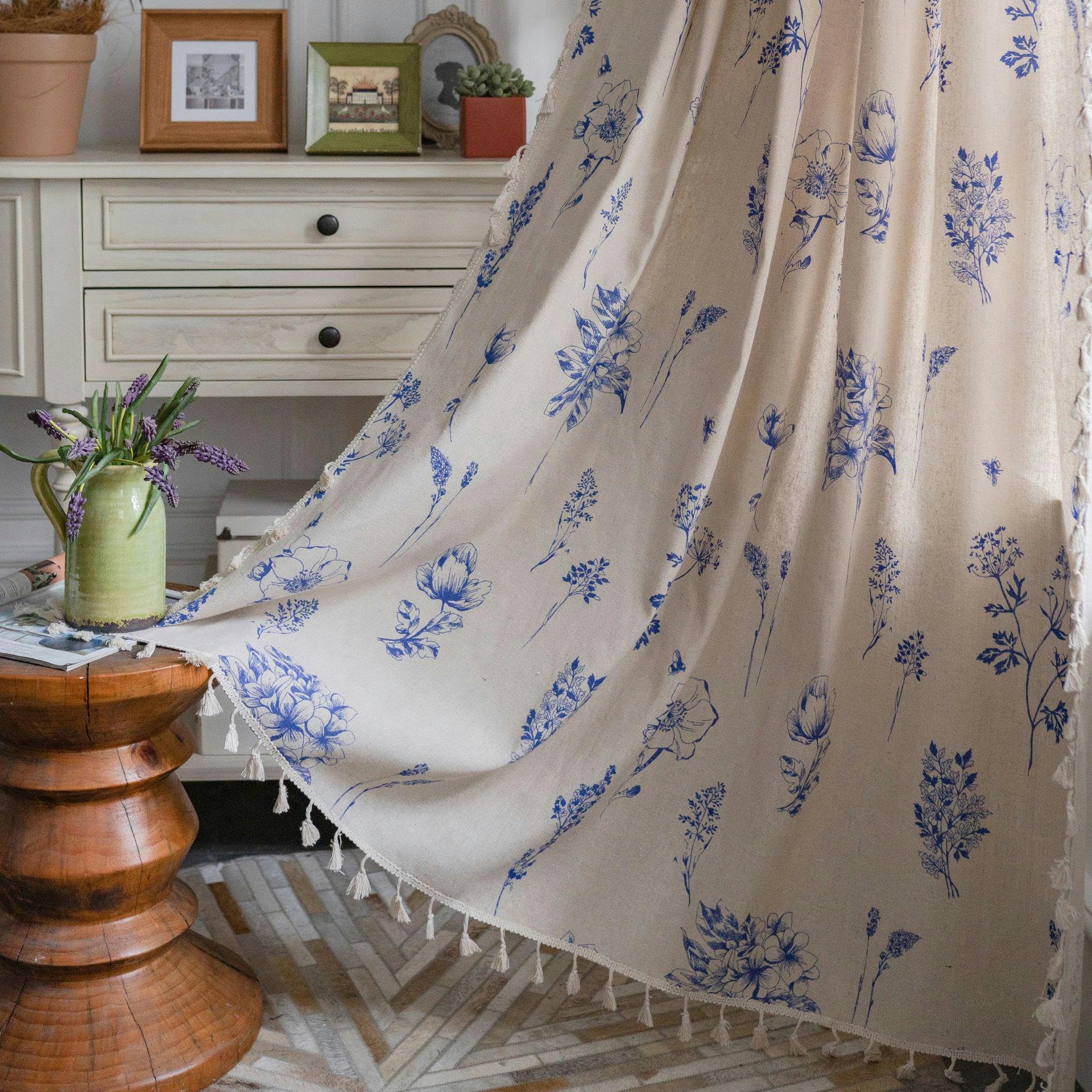 Wohnzimmer-Vorhänge – 160 Cm Lang, Grau-hellblau Blumenmuster, Halbverdunkelnd, 2 Paneele