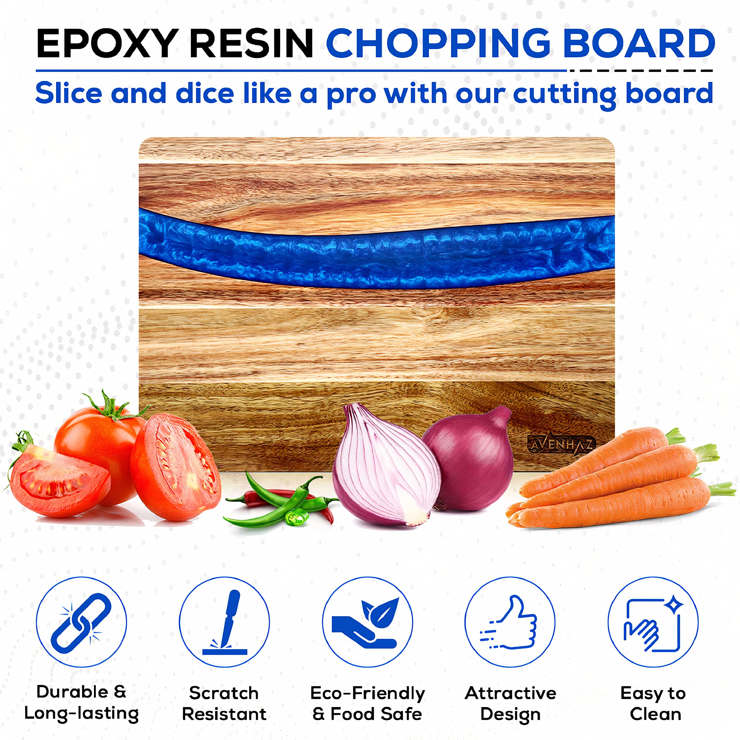 Premium Acacia Wood Cutting Board - Large with Blue Epoxy Resin Design, Easy Clean, for Meat Vegetables, Cheese & Serving Tray Use - Image 3