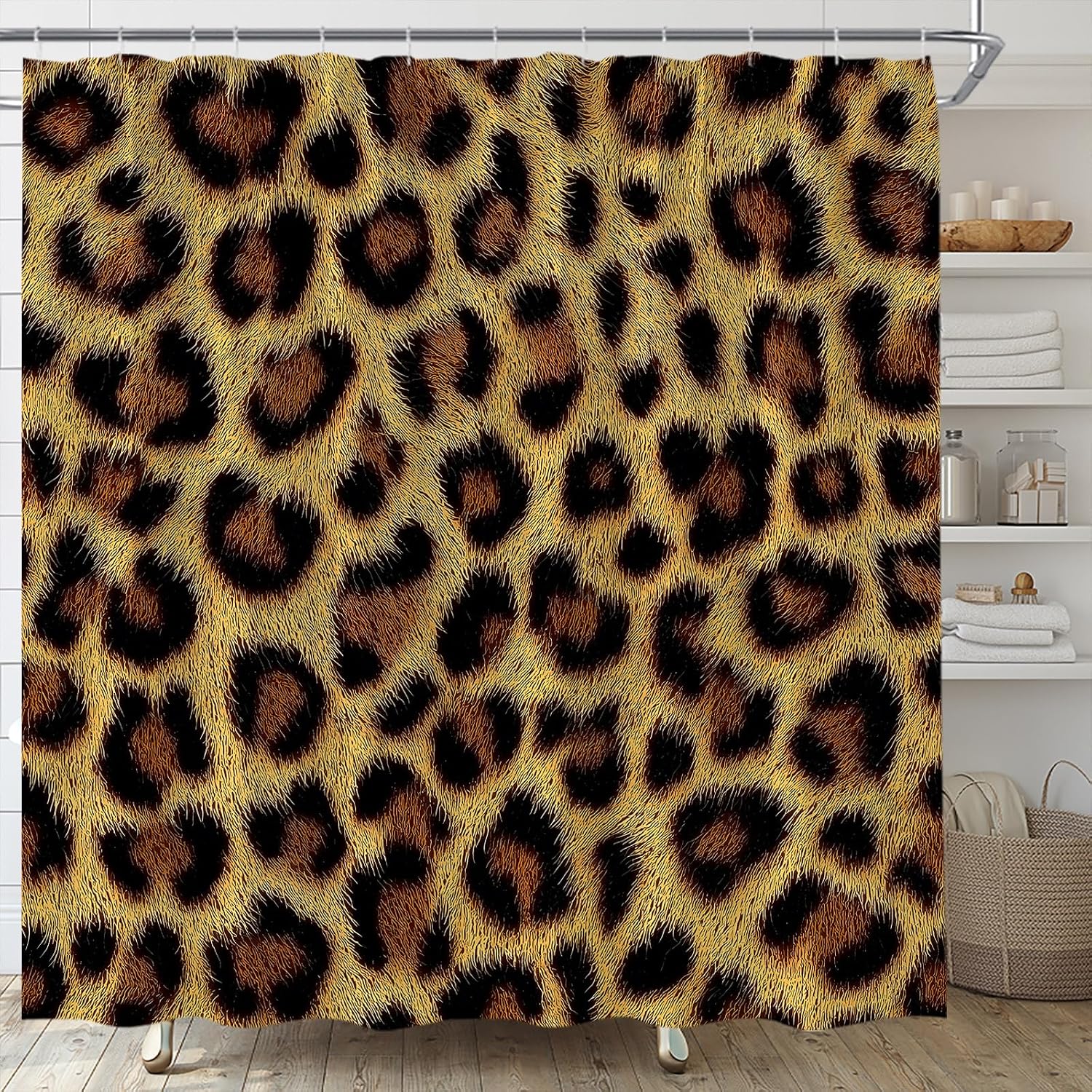 Leopard Shower Curtain Cheetah Print Wild Safari Skin Pattern Powerful Cheetah Cat Panthera Black Brown Fur Wildlife Fabric Bathroom Decor Set with Hooks(70" WX70 H)