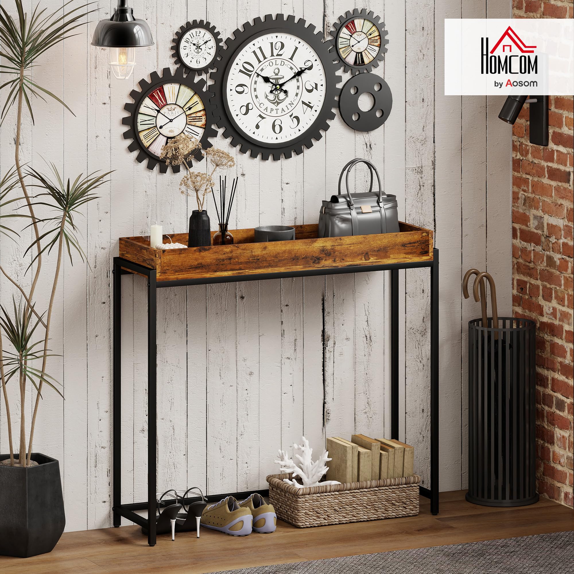 HOMCOM Konsola, stół do przedpokoju z poręczą, 100 x 30 x 91 cm, stolik pomocniczy z metalową ramą, stolik do sofy, mały stół wystawowy do małego pokoju, wejścia, korytarza, salonu, rustykalny brązowy