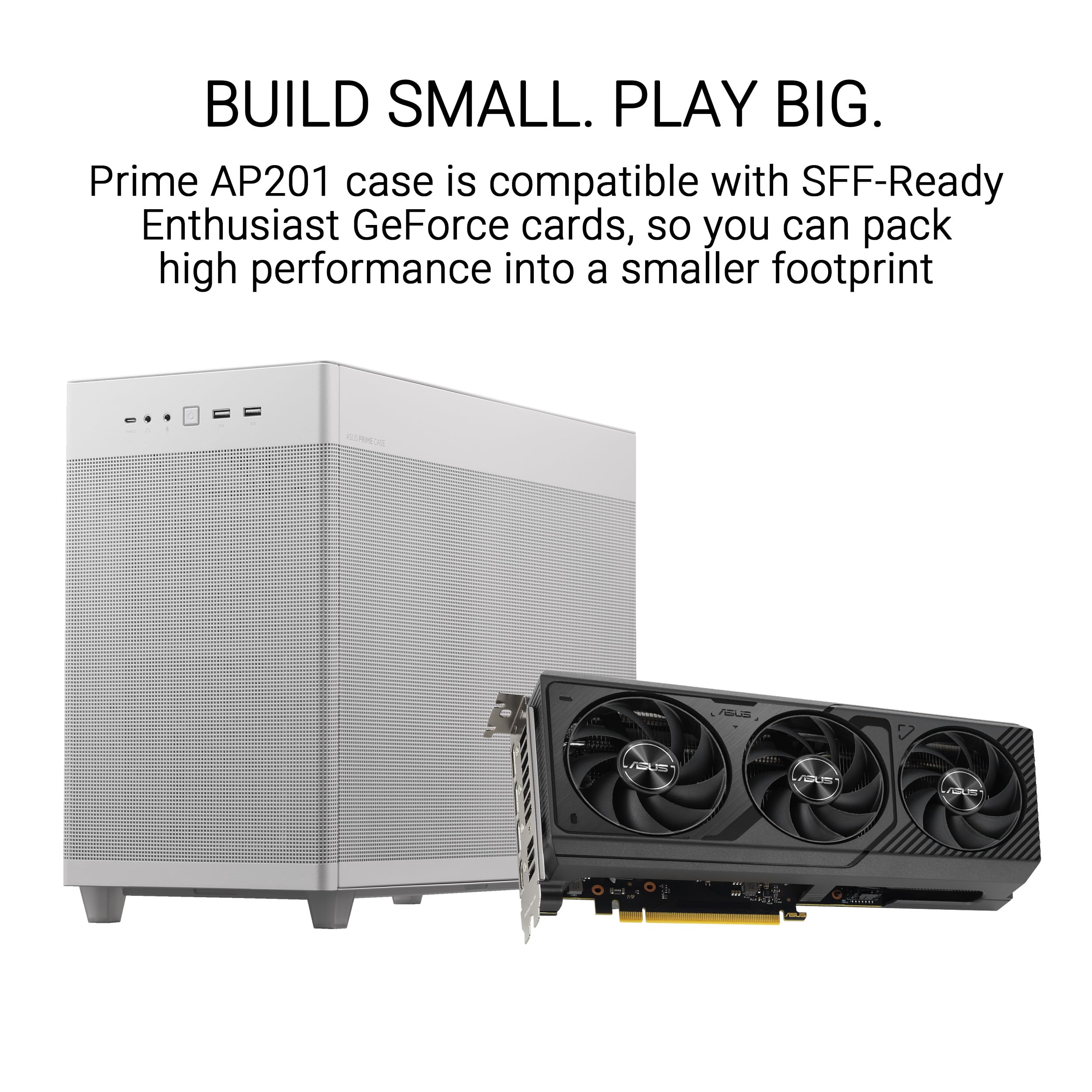 ASUS Case PC Prime AP201 Micro ATX White da 33 litri con pannelli laterali senza attrezzi e rete quasi-filtro, con supporto per refrigeratori da 360 mm, schede grafiche lunghe fino a 338 mm e PSU ATX