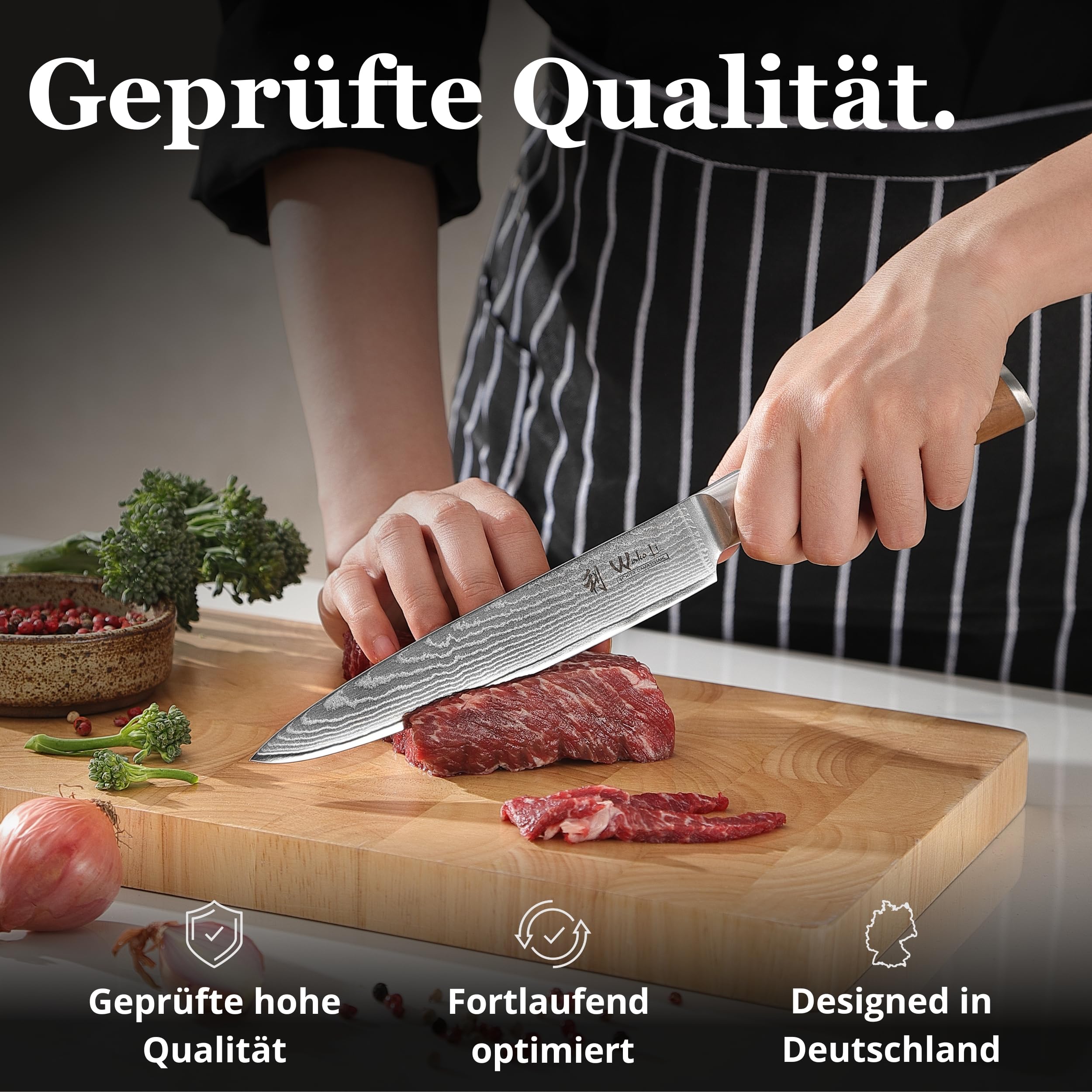 Wakoli Olive Tranchiermesser mit 17 cm Klinge aus 67 Lagen Damaststahl mit VG10 Kern, Fleischmesser mit Olivenholzgriff, Damastmesser in Geschenkbox für Fleisch und feine Schnitte