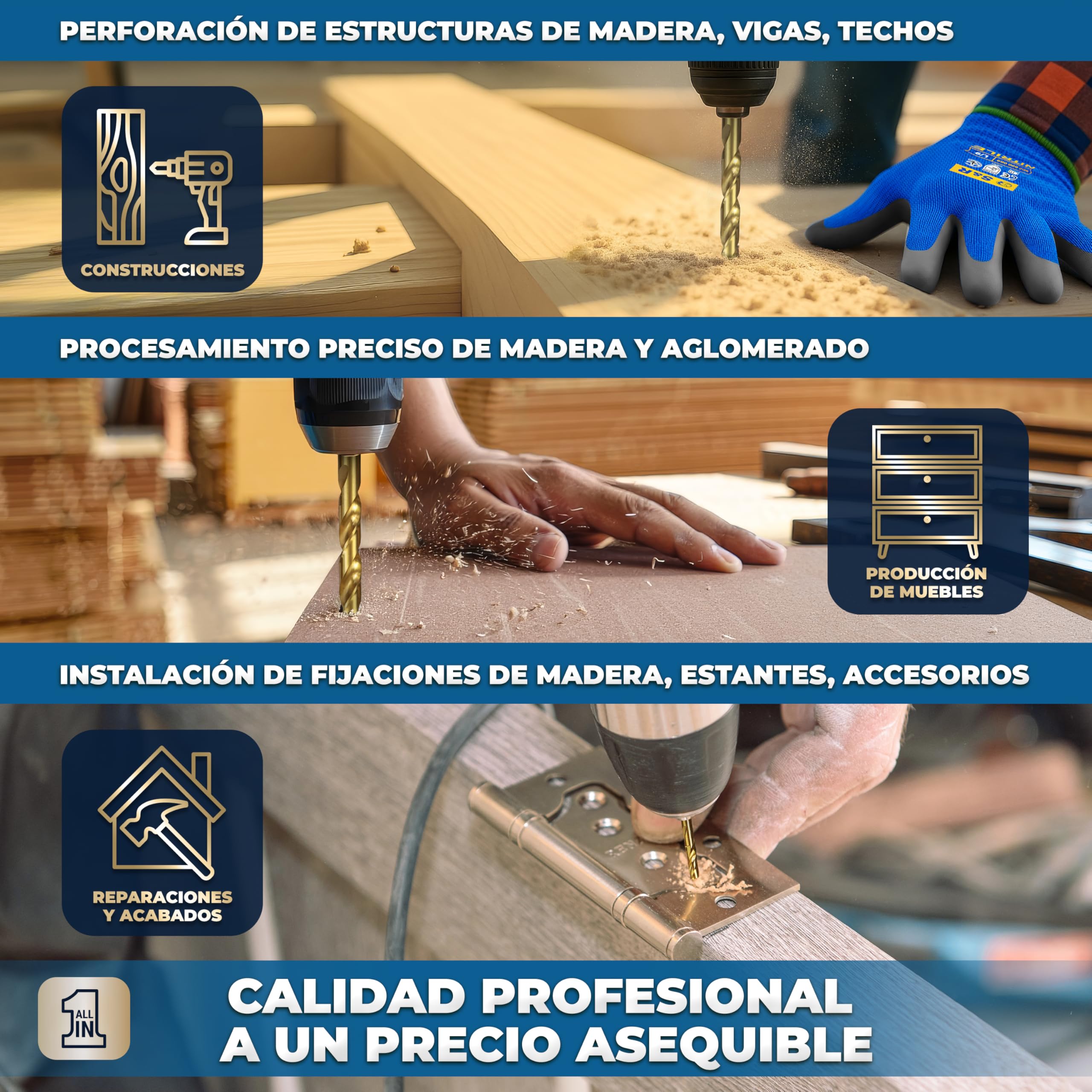 S&R Brocas para Madera Professionales 25 piezas 1-13 mm en acero HSS | 4241titanio - Brocas para taladro manual y de columna