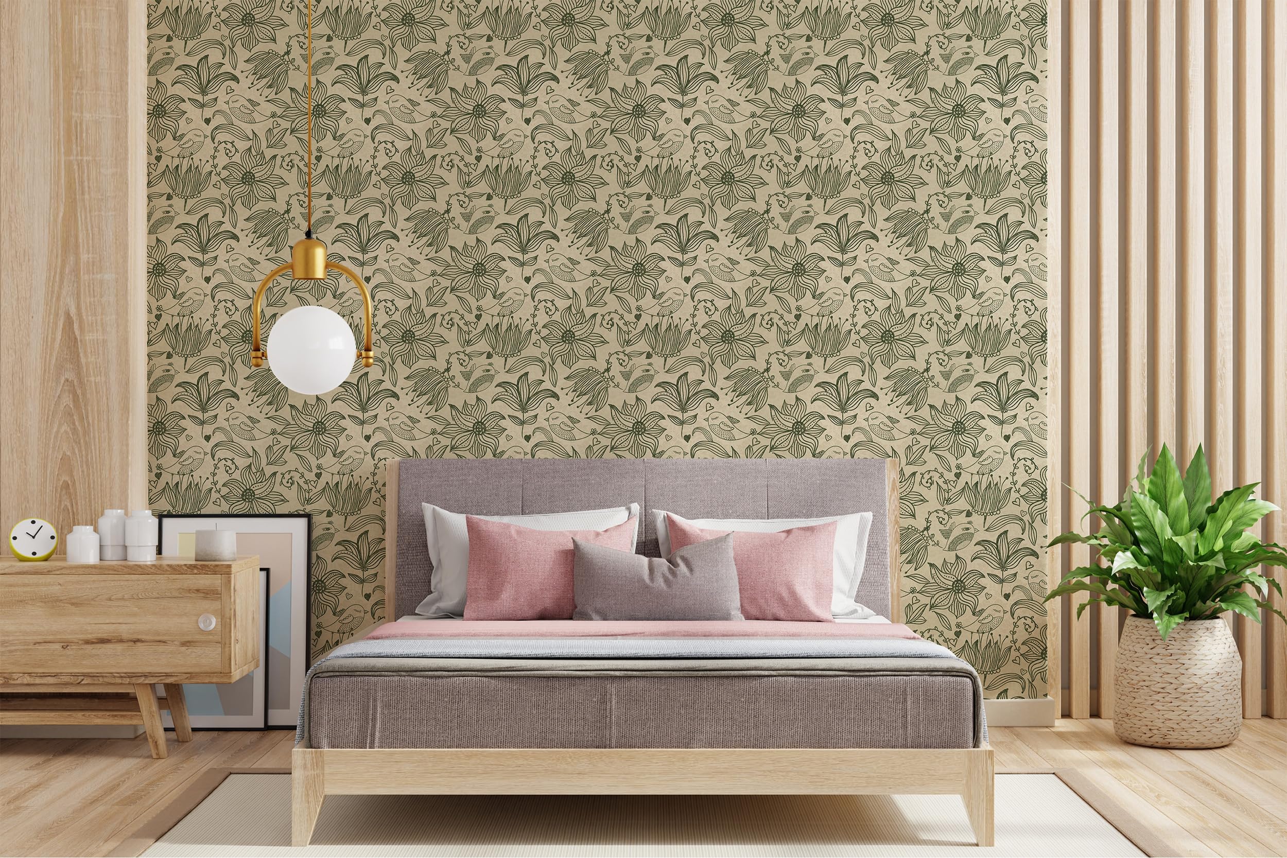 Tapeta samoprzylepna folia meblowa kwiaty ptaki wzór kwiatowy vintage | Tapeta z kwiatowym motywem ptaków w stylu vintage nowoczesny design motyw natury beżowo-zielony skandynawski do salonu