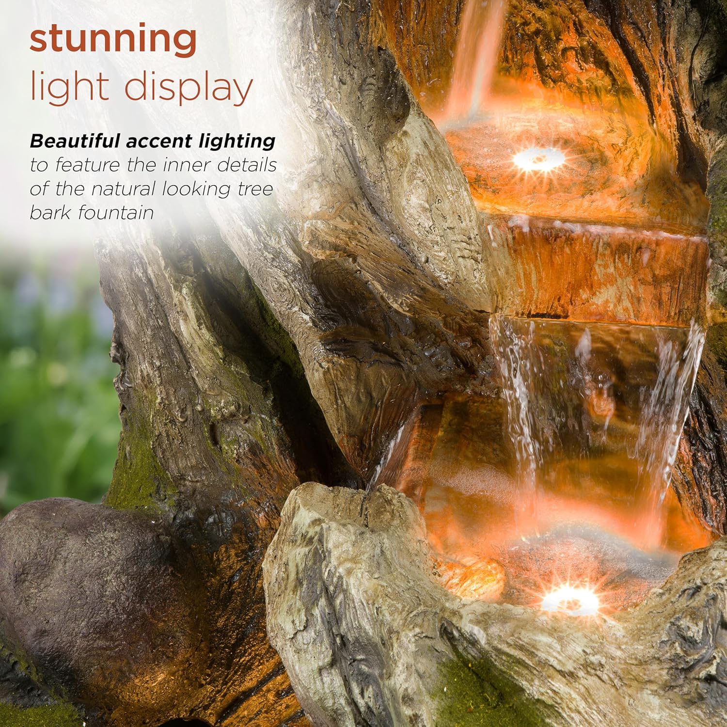 Alpine Corporation WIN1520 59" Indoor/Outdoor Floor 5-Tiered Tree Bark Water Fountain, Cascading Mossy Wood Waterfall Feature for Garden, Patio, and Yard, Brown