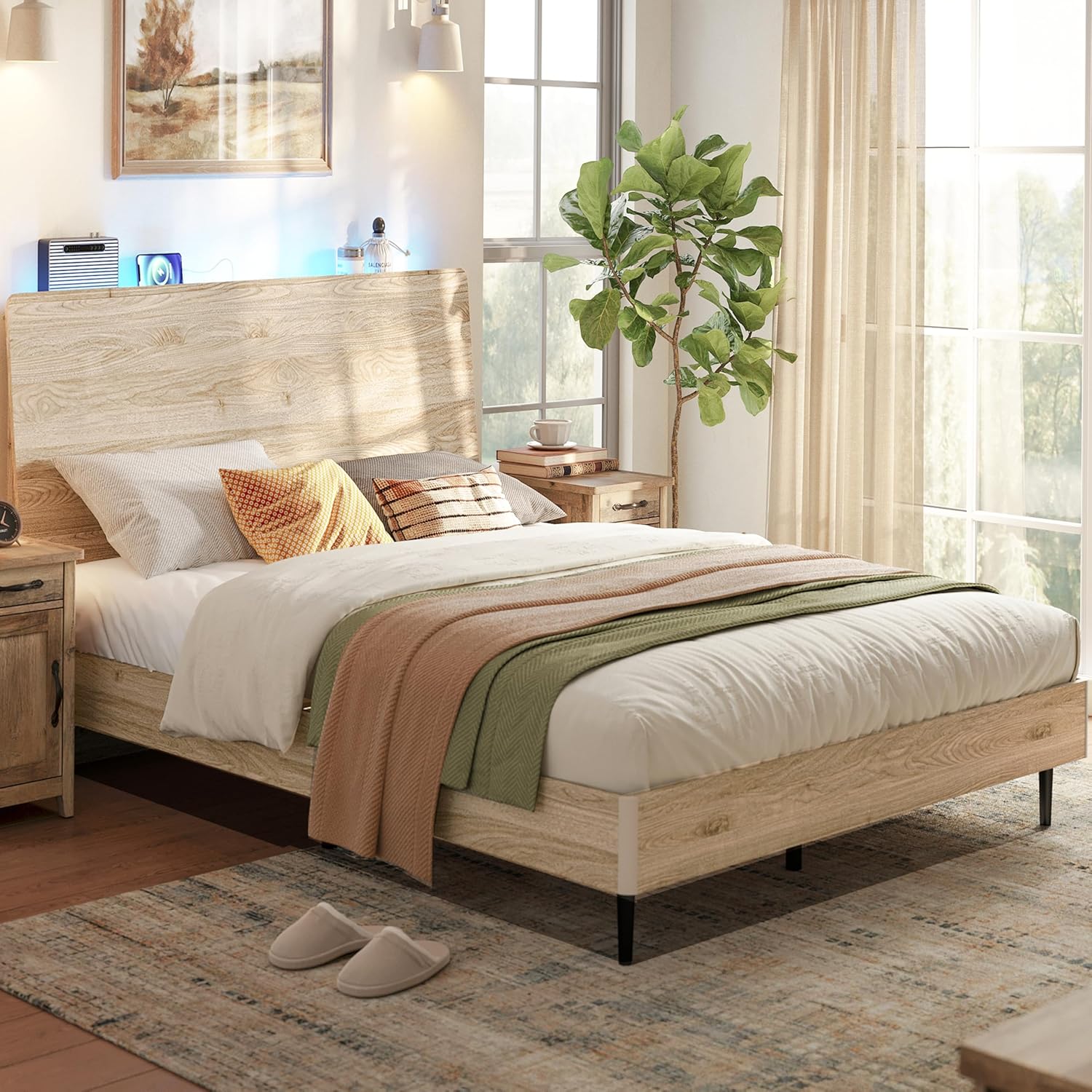 LINSY Wood Bed Frame with Headboard, Full Bedframe with LED Lights, Boho Wooden Platform Frames with Charging Station and Solid Wood Slat, No Box Spring Needed, Easy Assembly, Light Wood