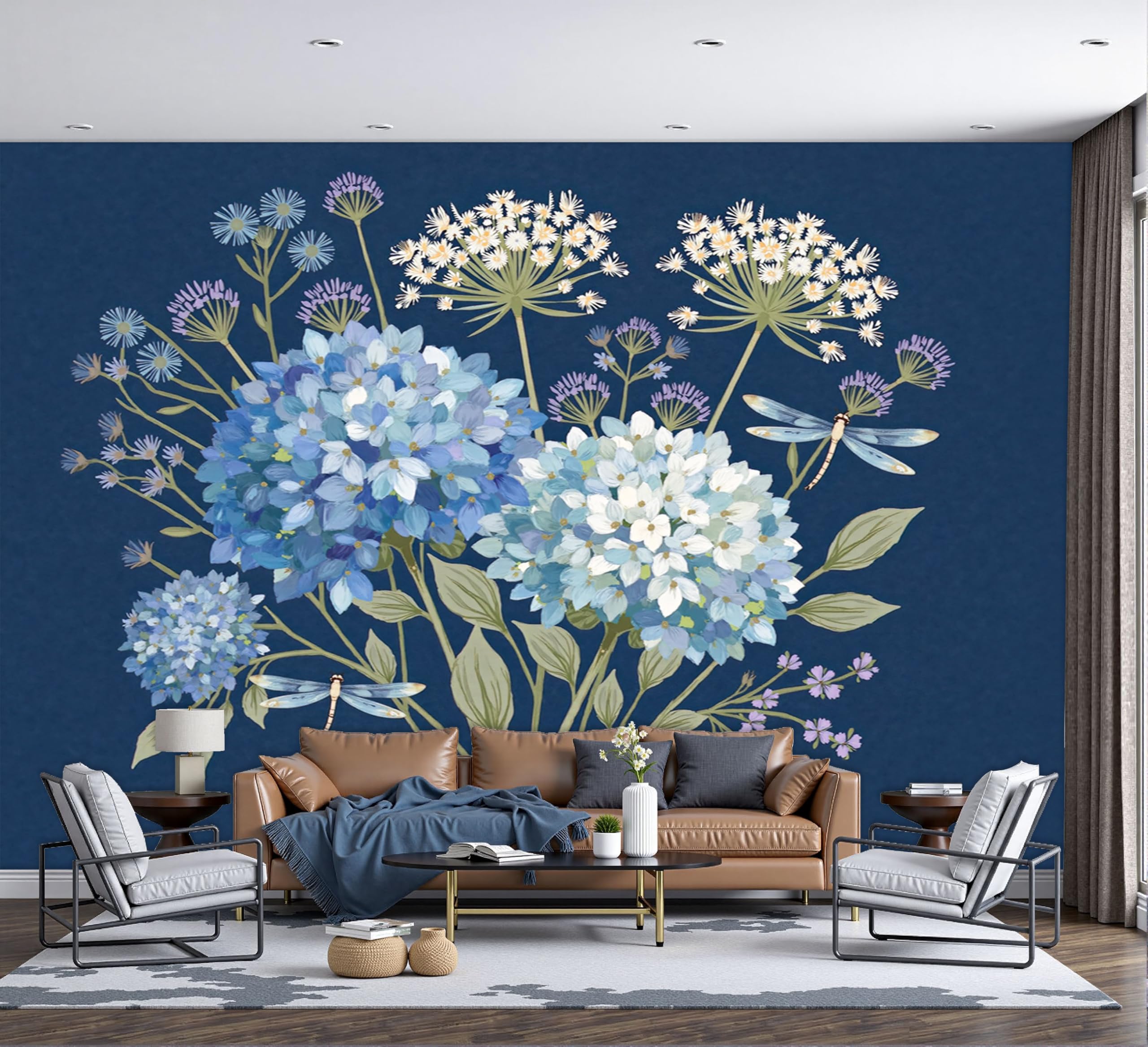 Papier Peint Panoramique Hortensias Bleu Marine Poster Geant Mural 3D