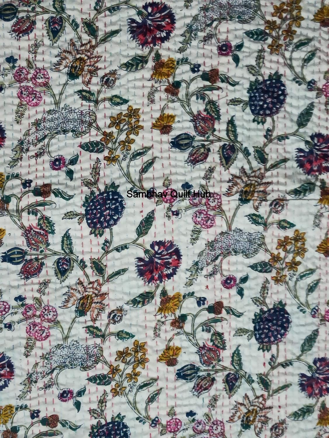 White Quilted King Size Handblock Home Decor Quilt Floral Elephant Print Handmade Quilted Kantha Bedspread Boho Bedding Queen Size/King Size Bed Cover Block Throw Kantha Quilt