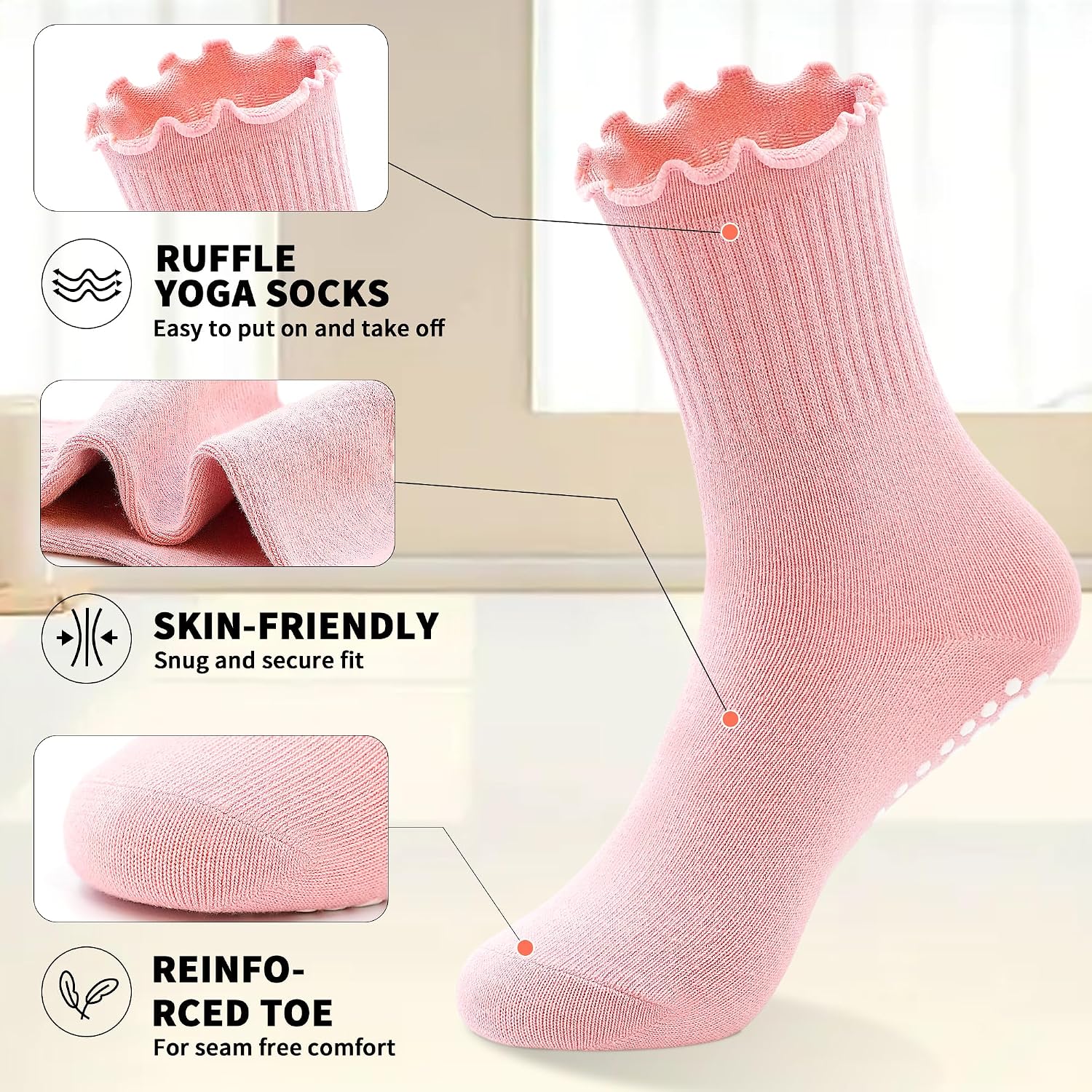 ELUTONG Cute Pilates Socks with Grip Non Slip Ruffle Grippy Socks Woman for Yoga Barre Ballet Workout Sports