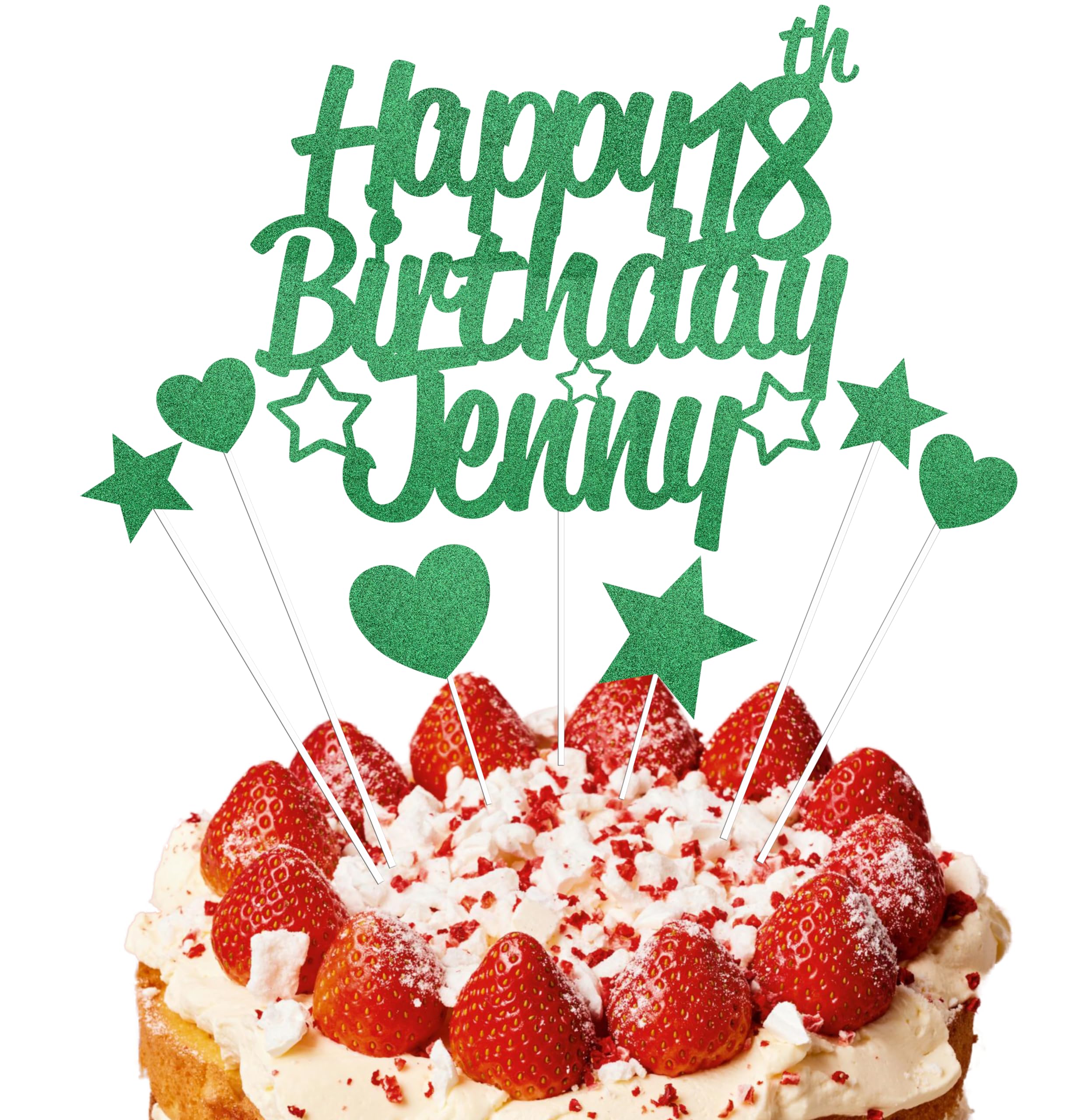 EKAM Personalised Happy Birthday Cake Topper, Customised with Any Age Name Party Cake Decoration, Glitter Card Cake Topper With Heart Star Cup Cake Toppers - 9Pcs (Prime, Green)