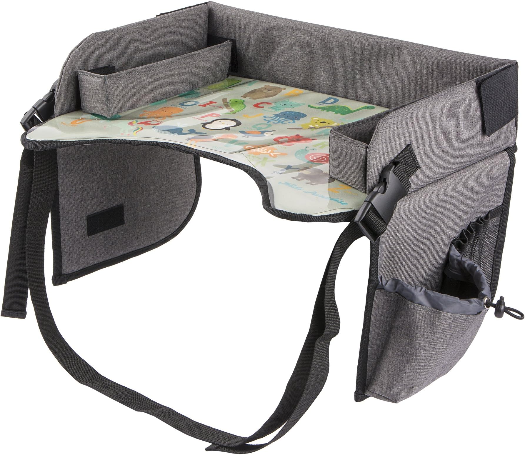 Kids Travel Tray with Erasable Surface for Car Seat, Stroller and Airplane Traveling, Infant and Toddler Snack and Play Tray, Lap Tray, Activity Tray, Table Tray with Mesh Organizer and Cup Holder