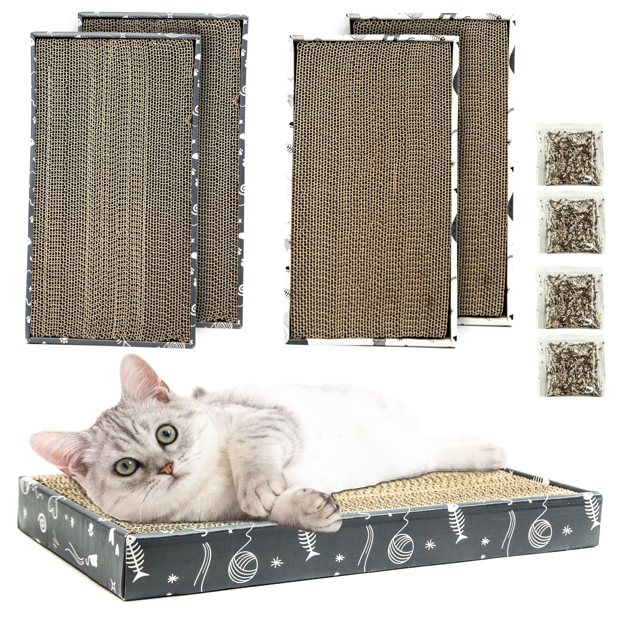 4x CORRUGATE Cat Scratching Board with CATNIP - Cat Scratcher for Indoor Cats, Box Scratch Pad, Cardboard, Bed, Reversible, Cleaner, Safe for Paws (White/Grey (Pack of 4), Animal Print)
