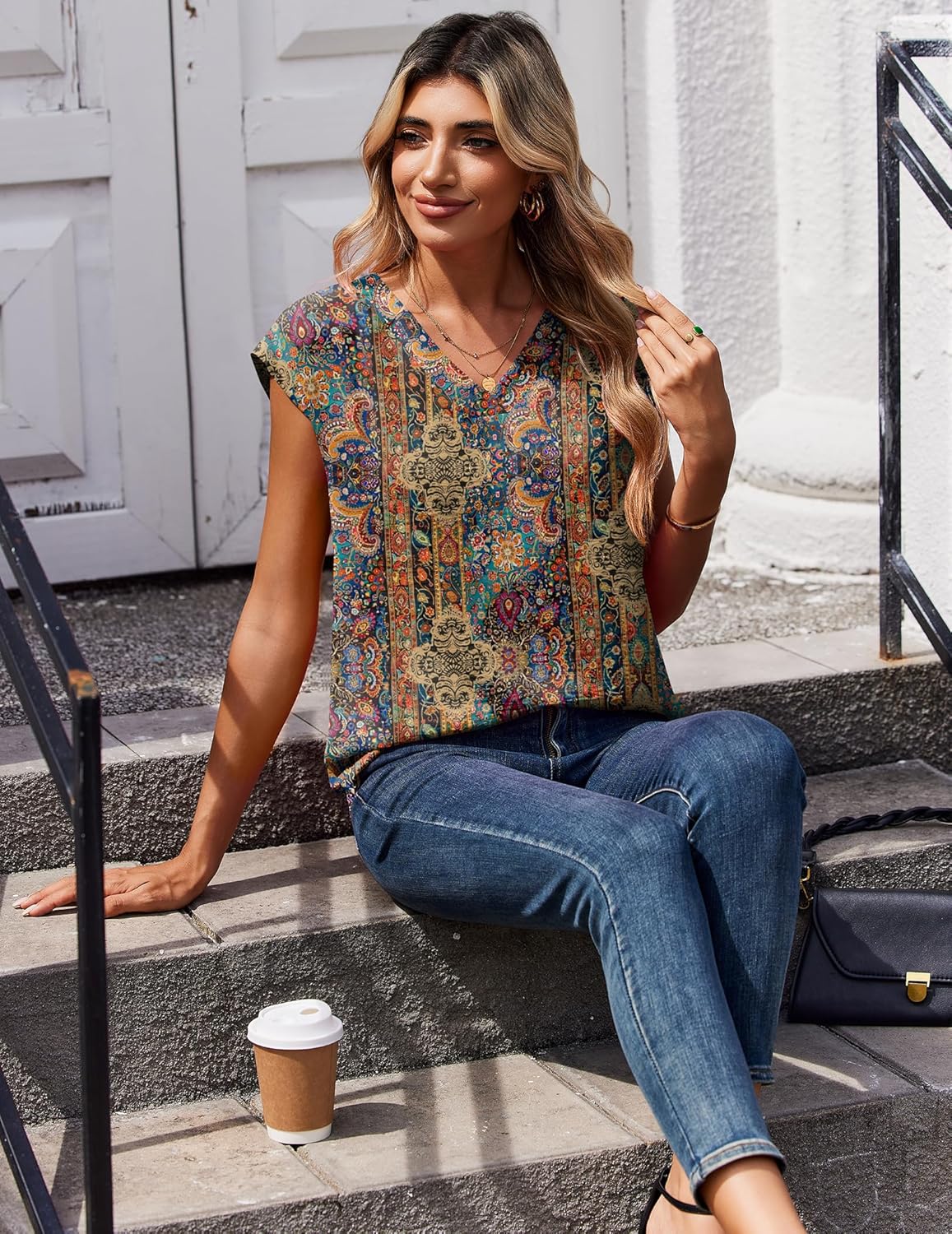 Zeagoo Womens Tops Cap Short Sleeve Textured Blouse V Neck Summer Spring Shirts Business Casual Outfits - Image 3