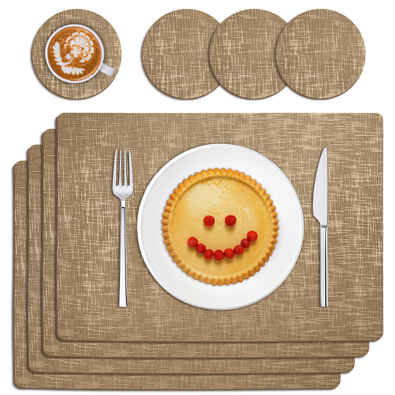 Placemats and Coasters Sets 4, PU Leather Table Mats Non-slip and Heat Resistant 43x30 cm