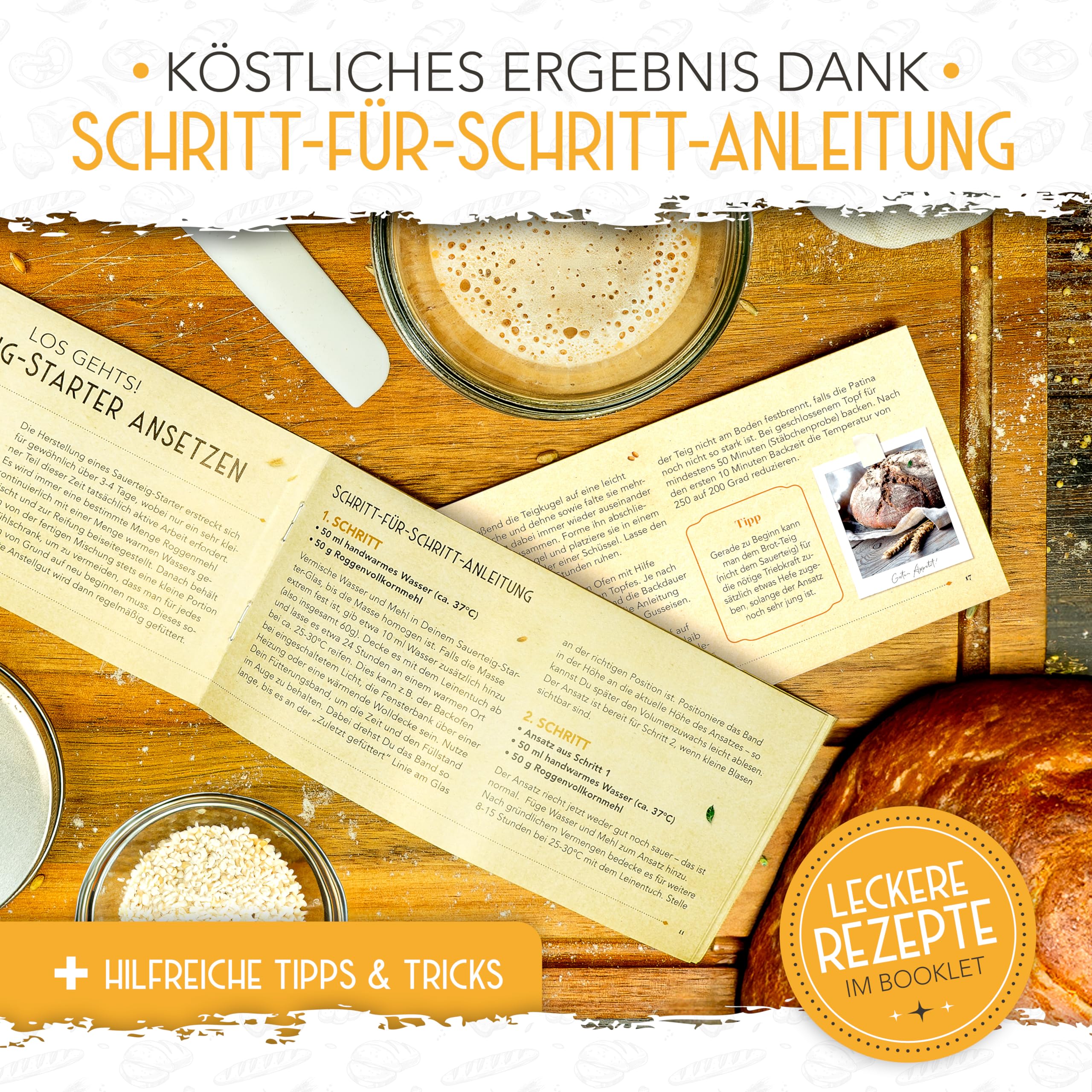 KRUSTENZAUBER Kit de démarrage de levain - Pot de fermentation 600 ml avec spatule et thermomètre - Accessoires pour cuisson du pain, verre de levain, fermentation, kit de démarrage de levain