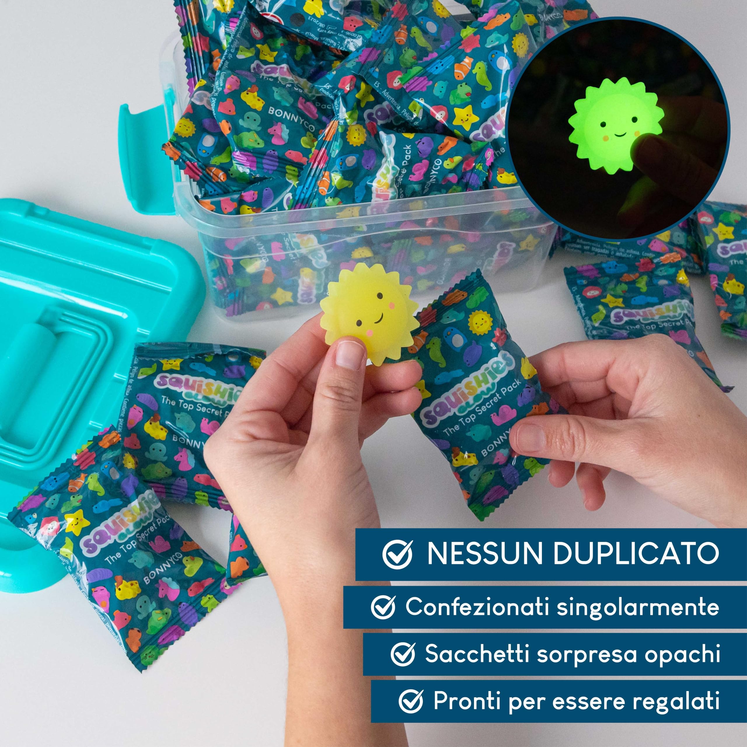 BONNYCO Squishy Piccoli Gadget Compleanno Bambini, Pack 40 Mini Giochi. Regalini Fine Festa Compleanno Bambini che si Illuminano al Buio, Regalino Fine Festa Dopo Invitati. Mochi Kawaii Gadget