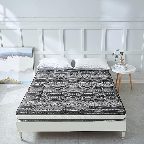 Miniatura 9 de Colchón de futón japonés para suelo, plegable y portátil, grueso, para acampar, cama doble, color negro bohemio