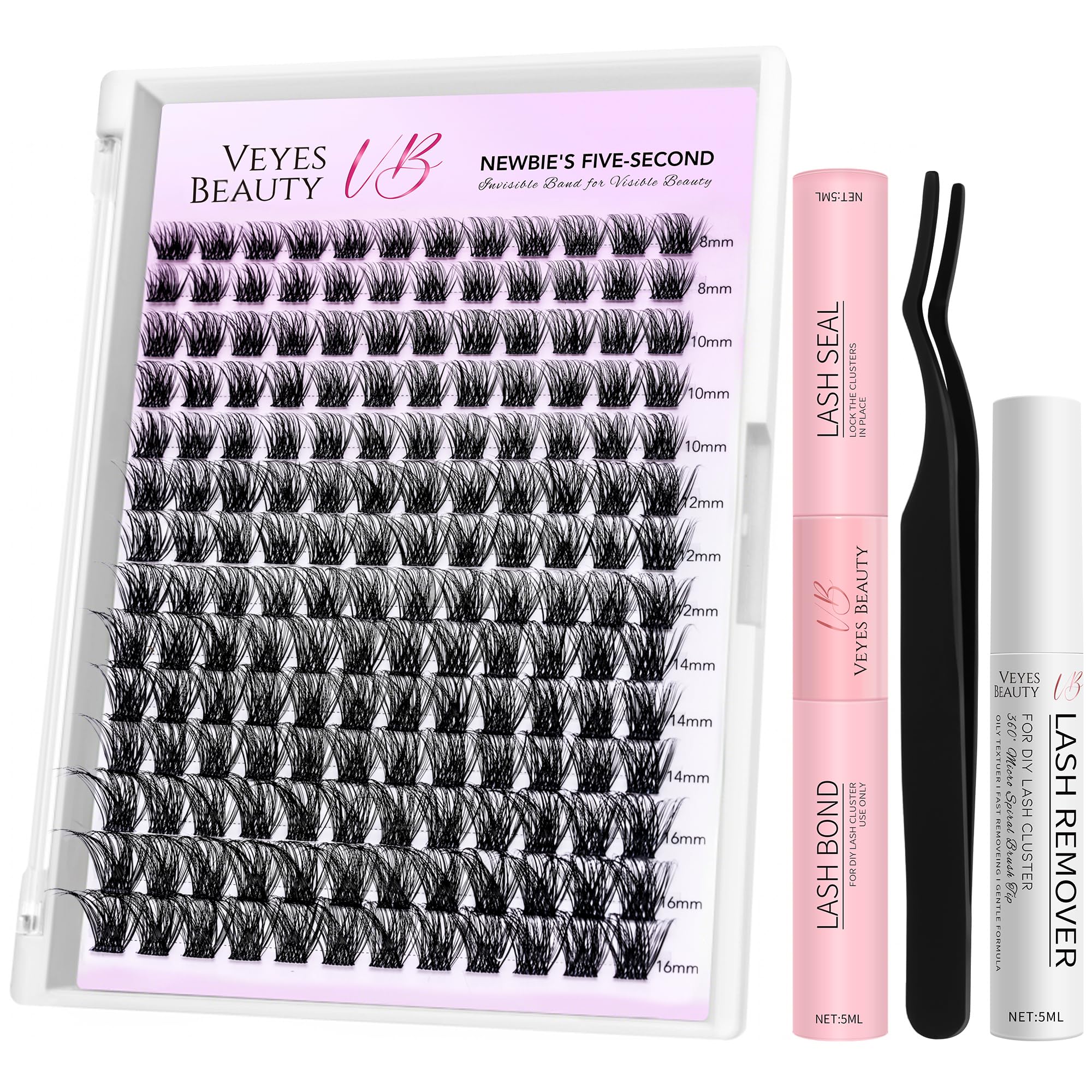 VEYESBEAUTY Siren Cluster Lashes Kit Individual Lash Extensions Newbie's Five-Second DIY Dramatic Volume Eyelash Wispy Faux Mink Lash Mixed Length Tray with Bond & Seal, Applicator at Home Siren kit 8-16 mm