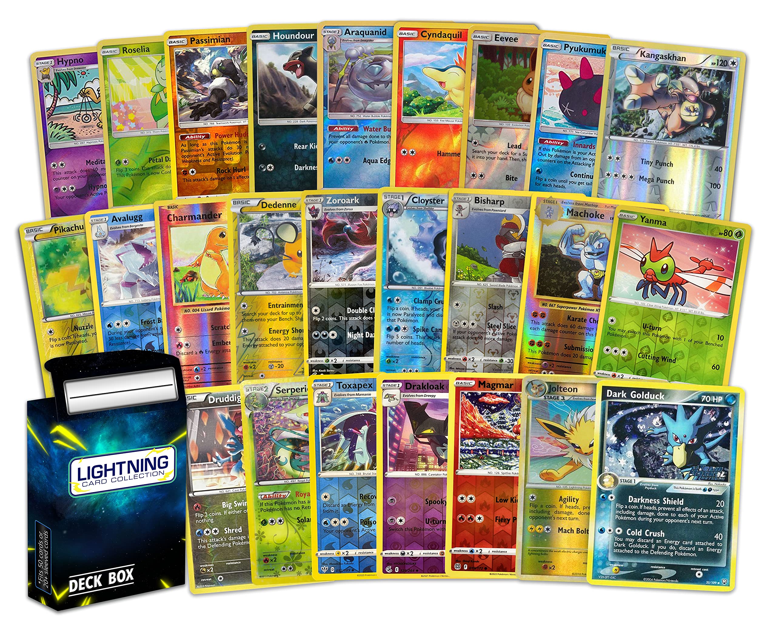 Amazon.com: Lightning Card Collection 25 Holo Card Pack NO Duplicates All  Cards are Holographic/ foil Cards Plus an LCC Deck Box Compatible with Pokemon  Cards : Toys & Games