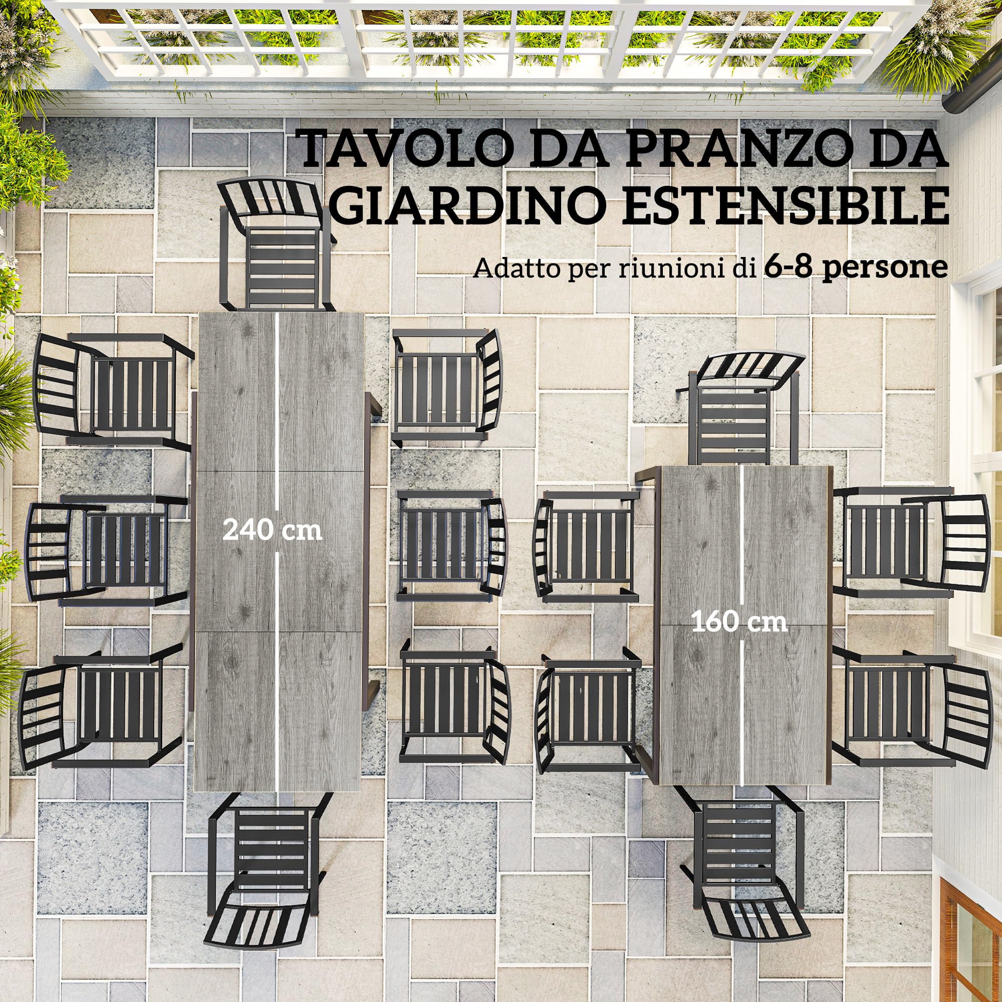 Outsunny Tavolo da Giardino Allungabile da 160-240 cm, Tavola da Pranzo Estensibile per 6-8 Persone Rettangolare in Alluminio con Piano Effetto Legno, Per Patio, Terrazzo, Balcone ed Esterno, Grigio