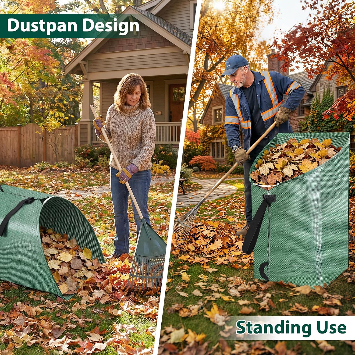 2 Pack 60 Gallon Large Leaf Collector, Dustpan-Style Lawn and Leaf Bags, Collapsible Yard Waste Bags Easy Storage & Transport, Reusable Leaf Pick Up Garden Bag for Leaves Grass Debris Lawn Trash