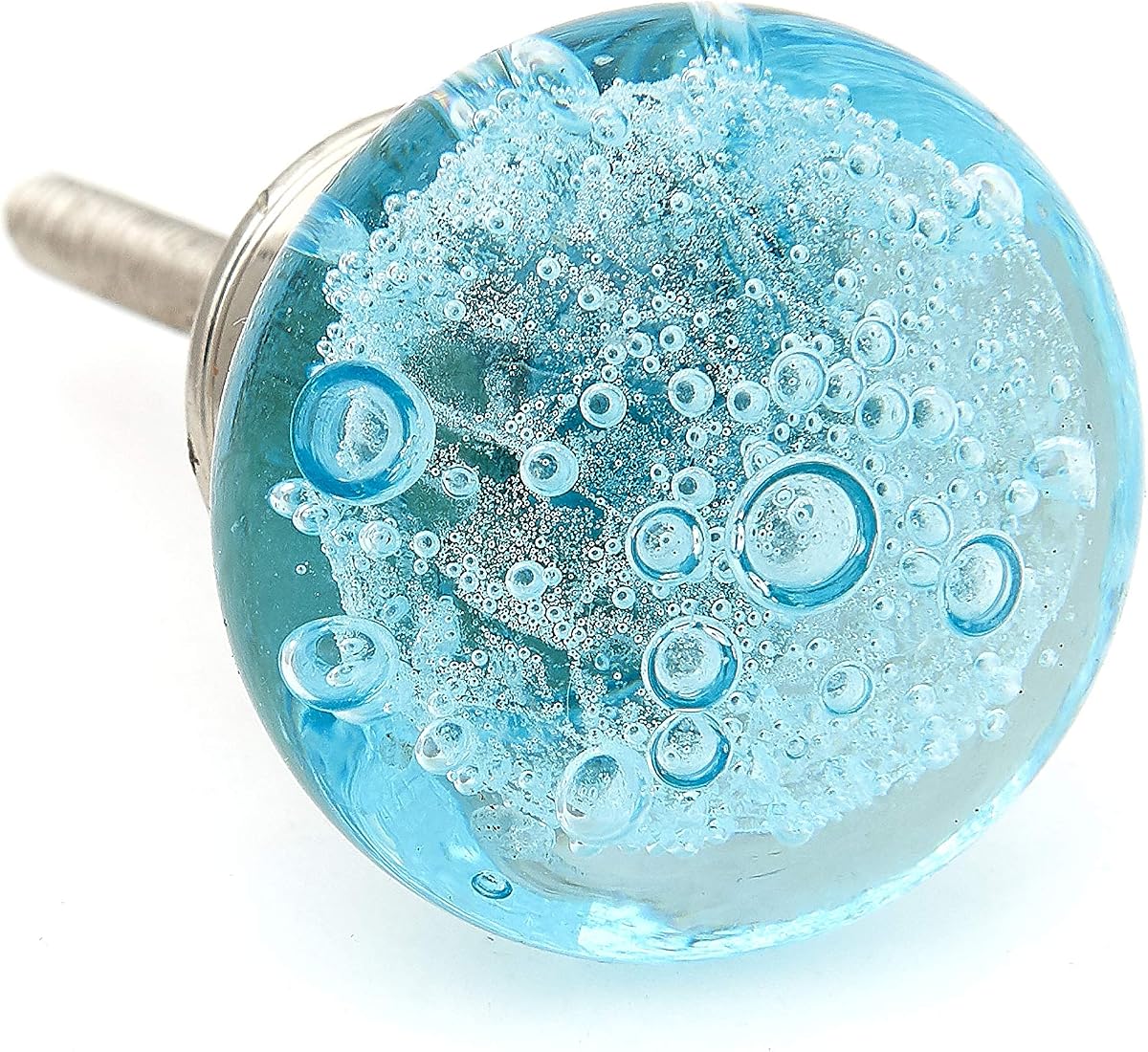 Aqua Blue Bubbles Glass (Nickel) Decorative Dresser Drawer, Kitchen Cabinet or Door Knob Pull - Pack of 6