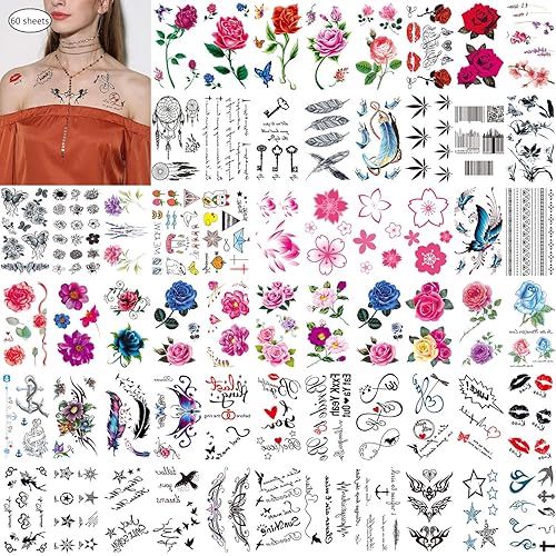 60 hojas impermeables de flores florales cuerpo brazo manga arte falso tatuaje temporal etiqueta engomada para mujeres
