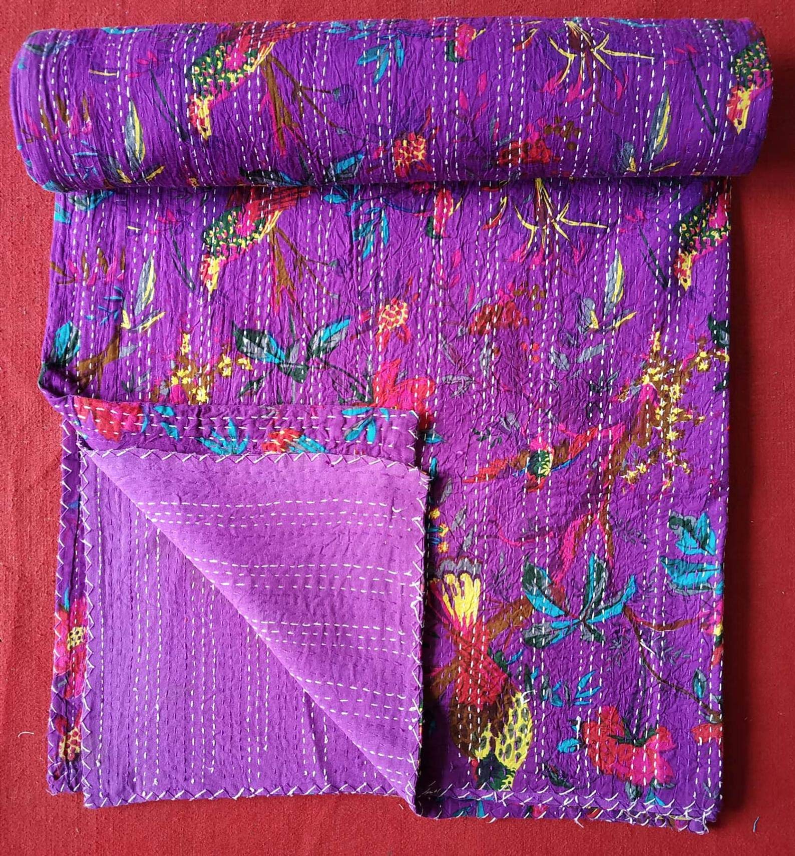 Radhykrishnafashions Indian Vintage Reversible Queen/Twin Bird Print Pure Cotton Kantha Quilt Blanket Bed Cover Sofa Cover Kantha Bedspread Bohemian Bedding (Purple, Queen 90 x 108 Inches)