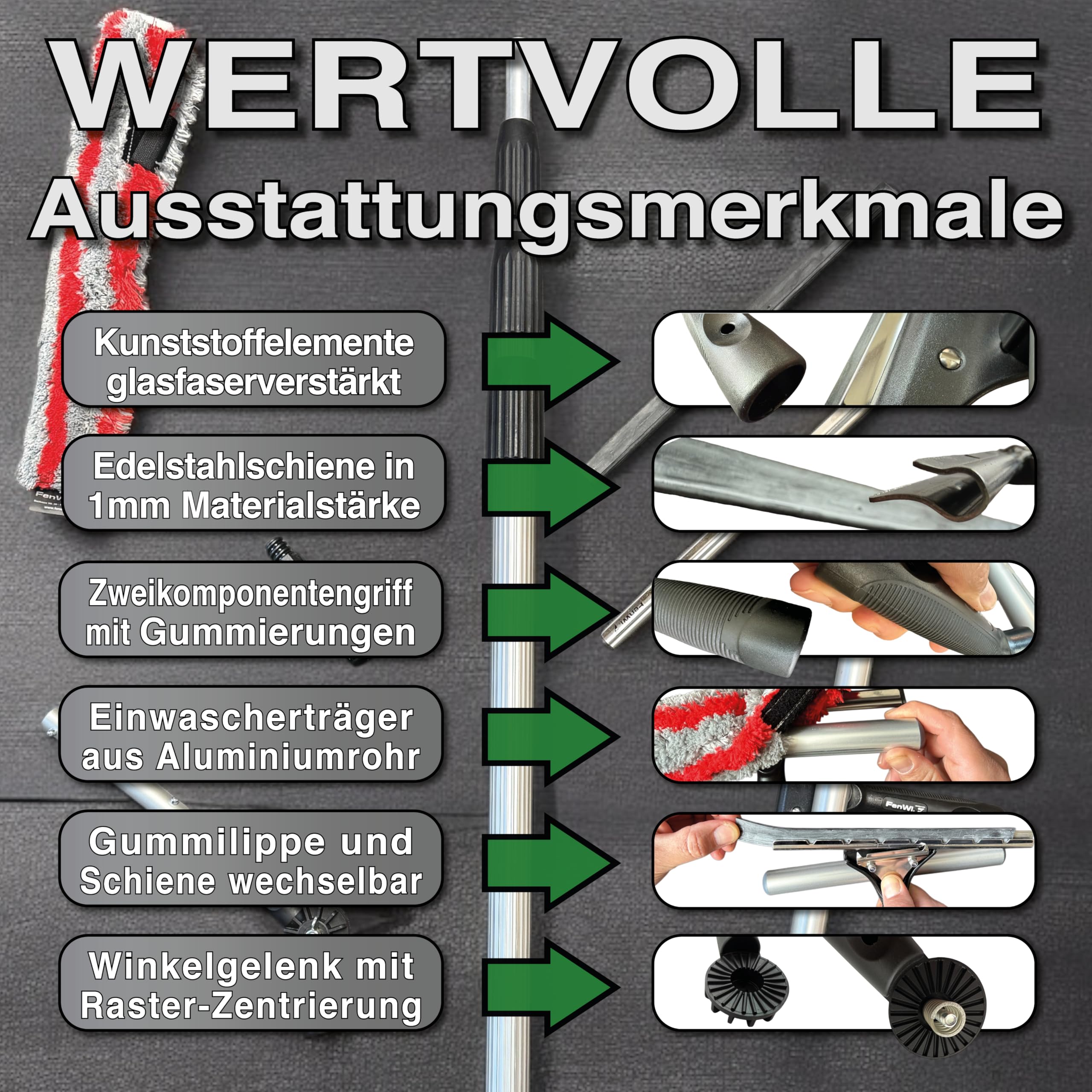 FenWi 6m Teleskop Fensterreiniger Profi Set mit 35cm Kombi Fensterwischer | 2in1 Gummilippe + Microfaser Wischer 35/40cm, Gelenk und Alu Teleskopstange 600cm, Für Wintergarten, Solar und PV Reinigung